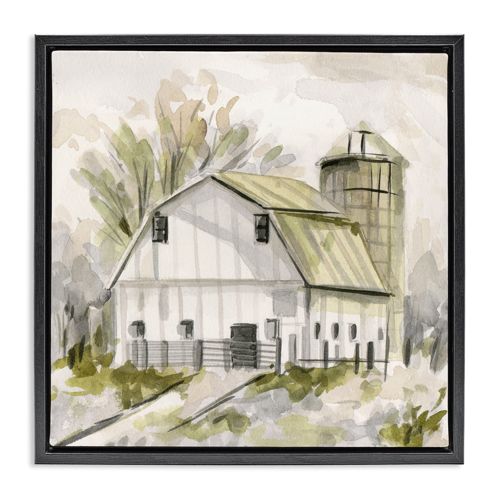 Stupell Industries Neutral Farmhouse Barn Scenery Painting Black Floater Framed Canvas Art Print Wall Art, 18 x 18