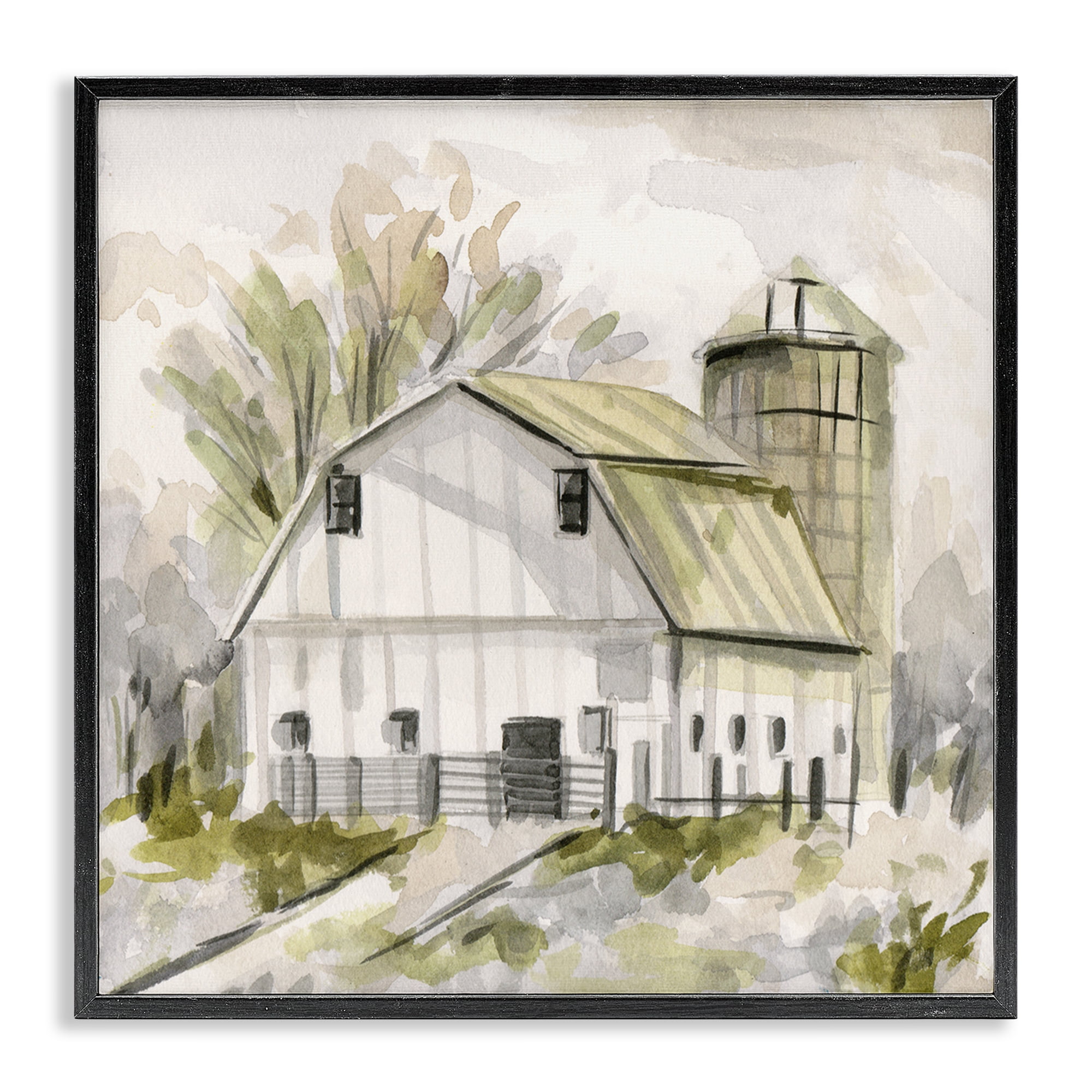 Stupell Industries Neutral Farmhouse Barn Scenery Painting Black Framed Art Print Wall Art, 17 x 17