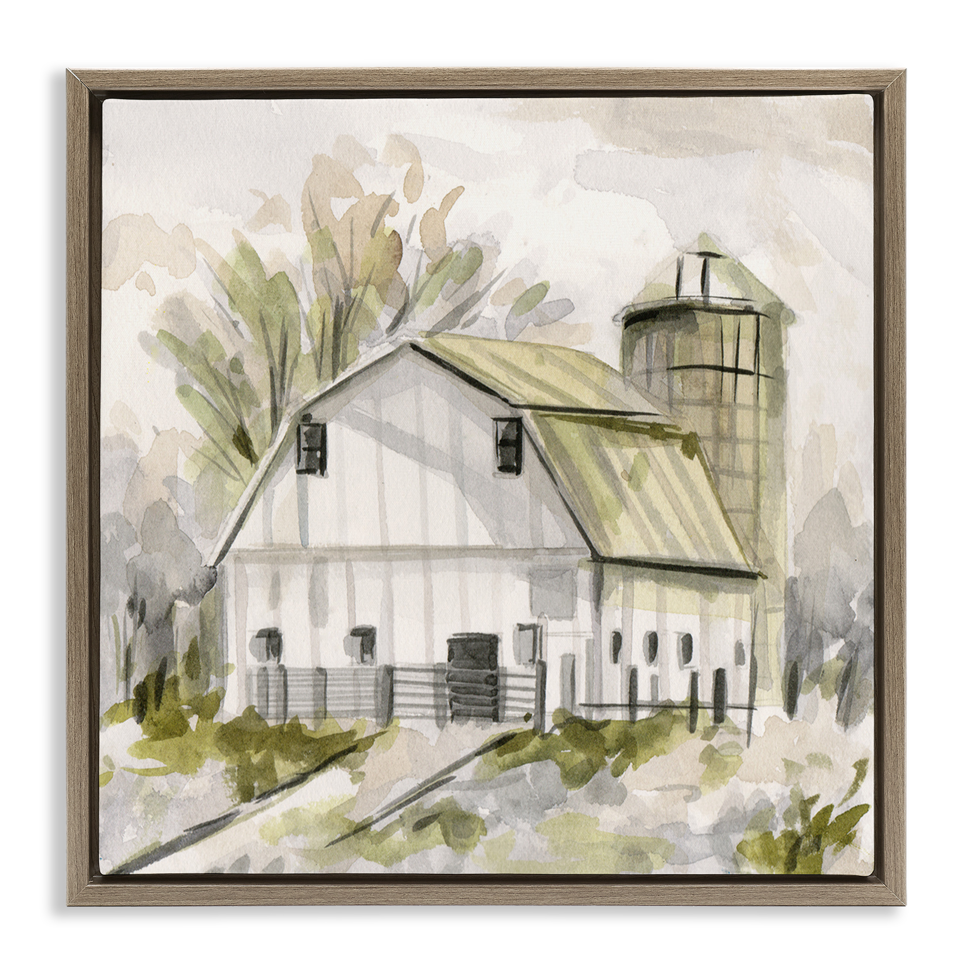 Stupell Industries Neutral Farmhouse Barn Scenery Painting Brown Floater Framed Canvas Art Print Wall Art, 18 x 18