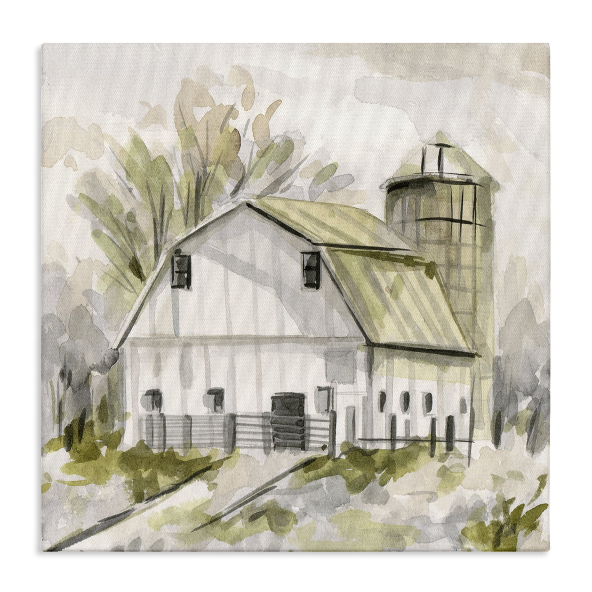 Stupell Industries Neutral Farmhouse Barn Scenery Painting Gallery Wrapped Canvas Art Print Wall Art, 17 x 17