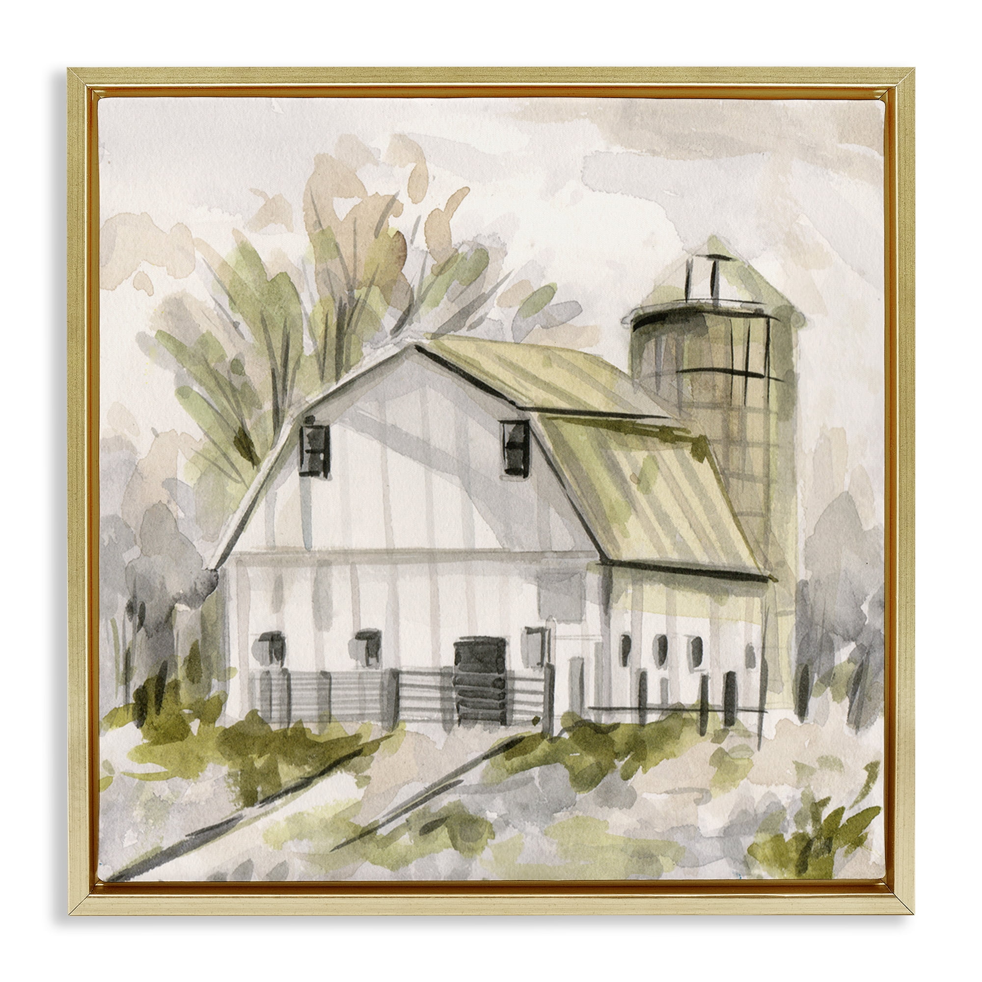 Stupell Industries Neutral Farmhouse Barn Scenery Painting Gold Floater Framed Canvas Art Print Wall Art, 18 x 18
