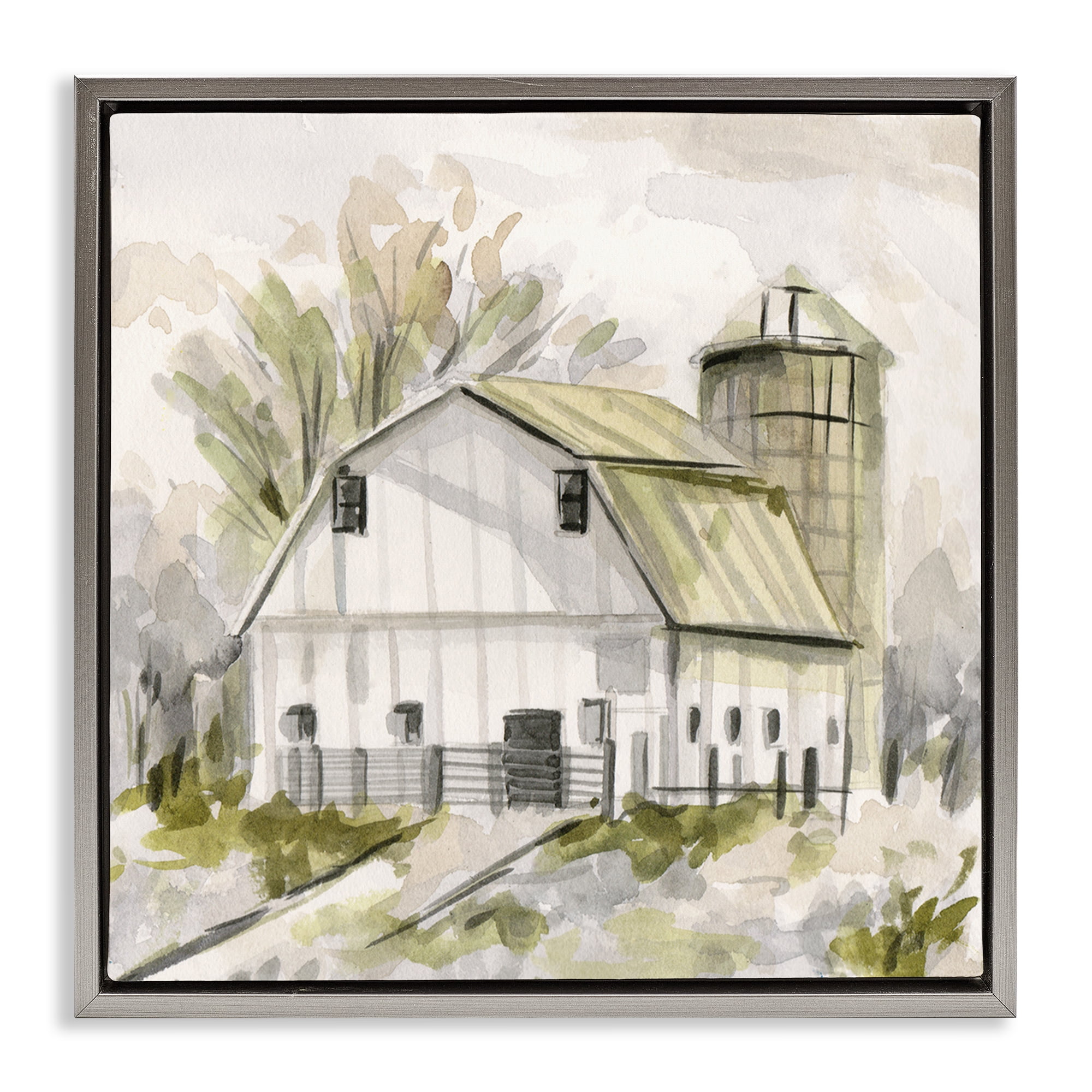 Neutral Farmhouse Barn Scenery Gray Framed Canvas Print, 18 x 18