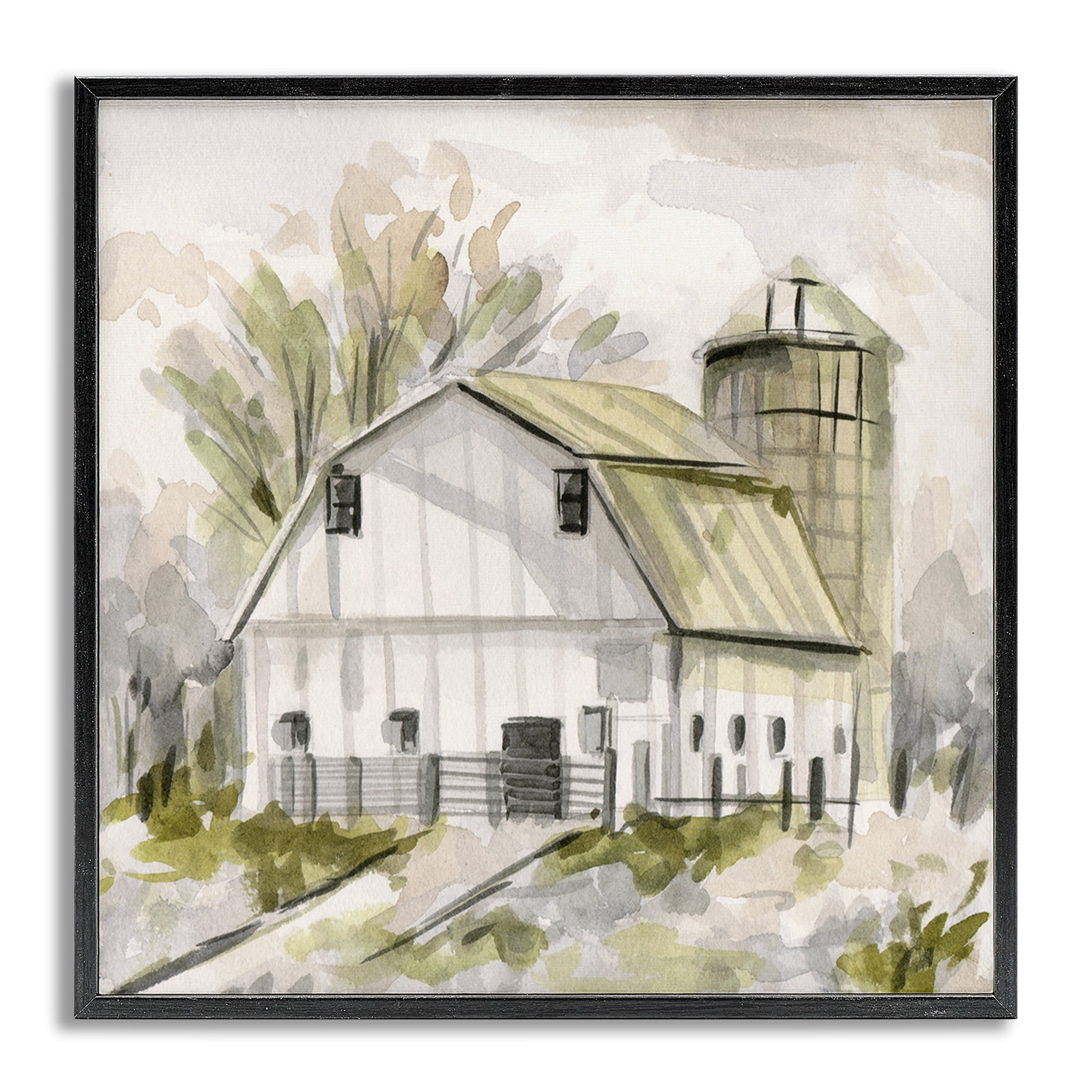 Stupell Industries Neutral Farmhouse Barn Scenery Painting Gray Framed Art Print Wall Art, 17 x 17