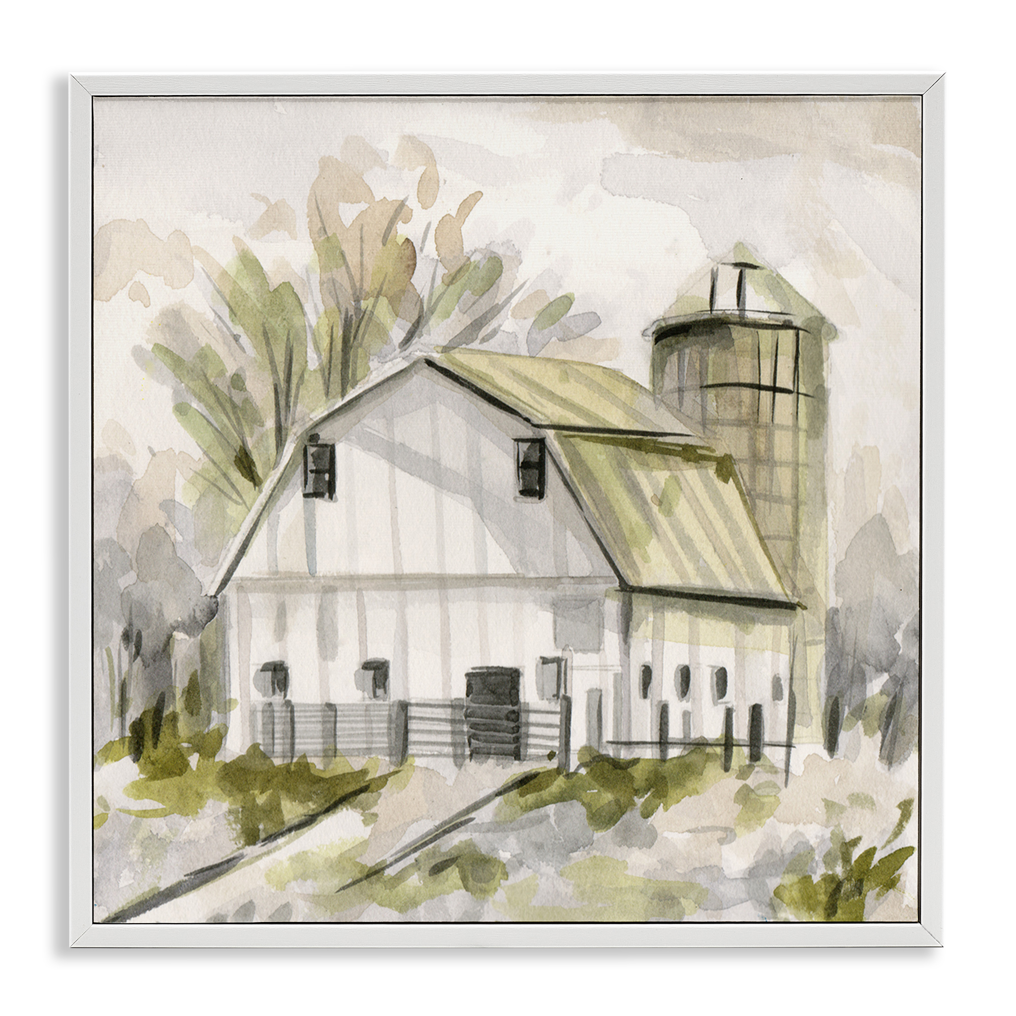 Stupell Industries Neutral Farmhouse Barn Scenery Painting White Framed Art Print Wall Art, 17 x 17