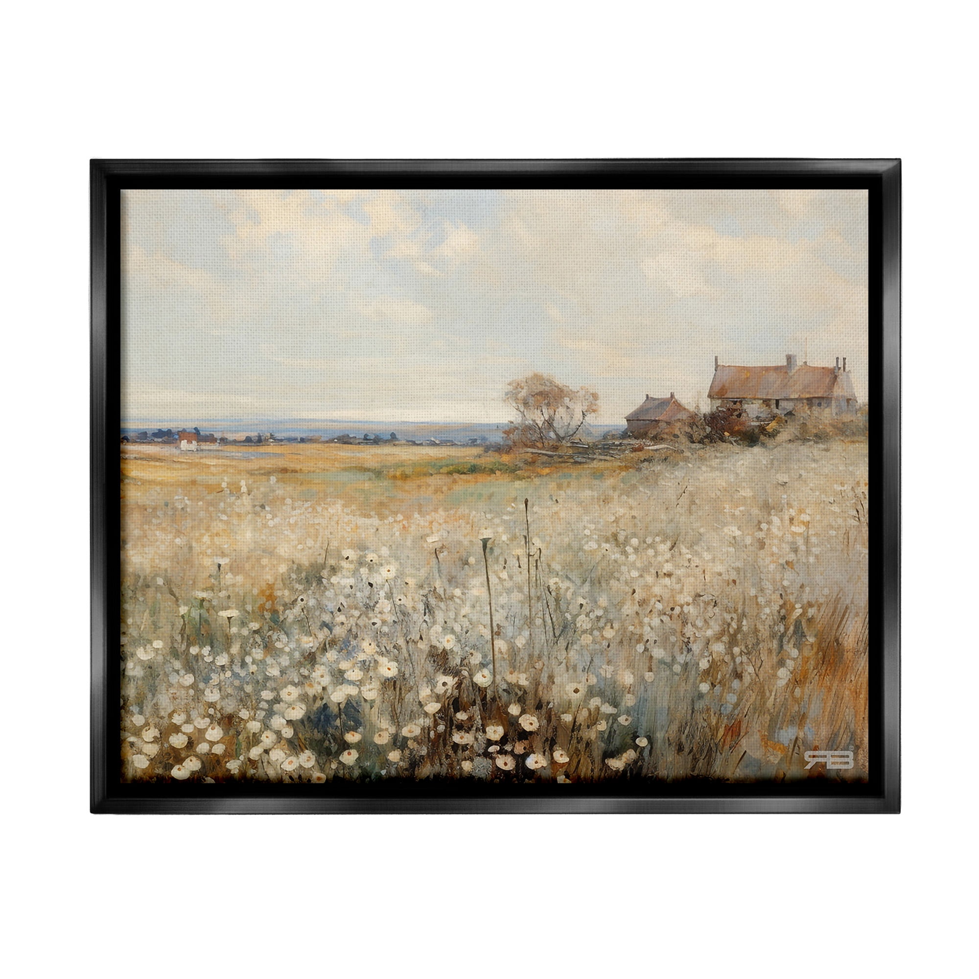 Stupell Industries Neutral Farmland Meadow Landscape Painting Black Floater Framed Canvas Art Print Wall Art, 31 x 25