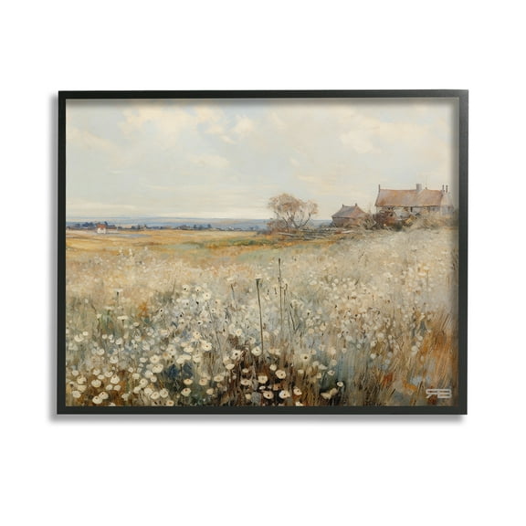 Stupell Industries Neutral Farmland Meadow Landscape Painting Black Framed Art Print Wall Art, 14 x 11