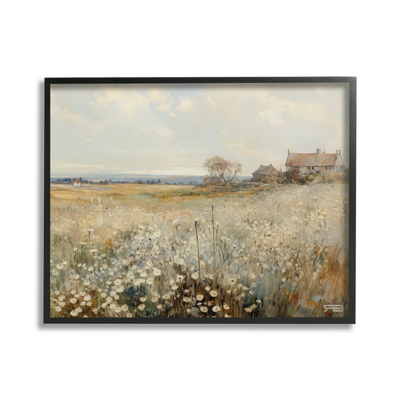 Stupell Industries Neutral Farmland Meadow Landscape Painting Black Framed Art Print Wall Art, 20 x 16