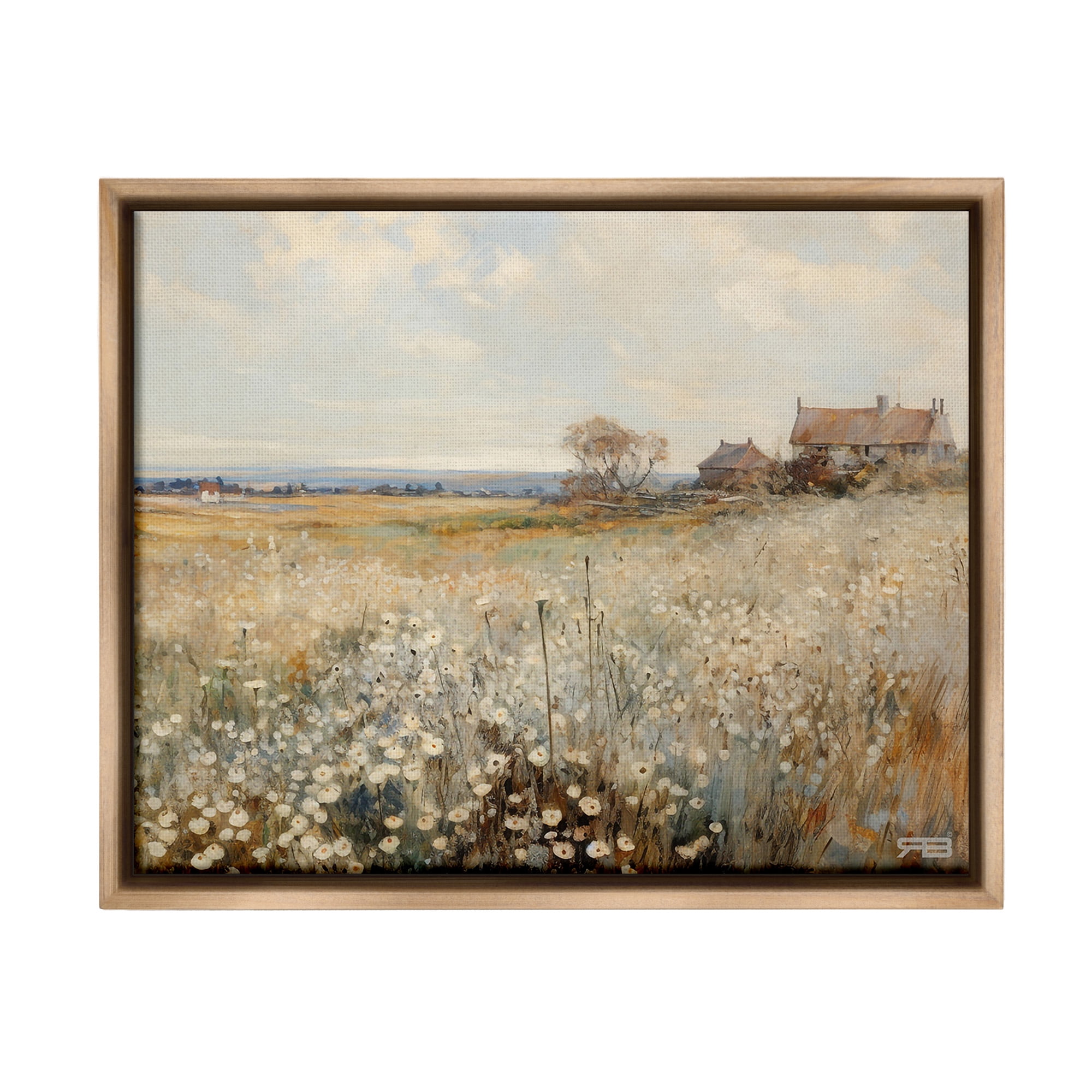 Stupell Industries Neutral Farmland Meadow Landscape Painting Brown Floater Framed Canvas Art Print Wall Art, 31 x 25