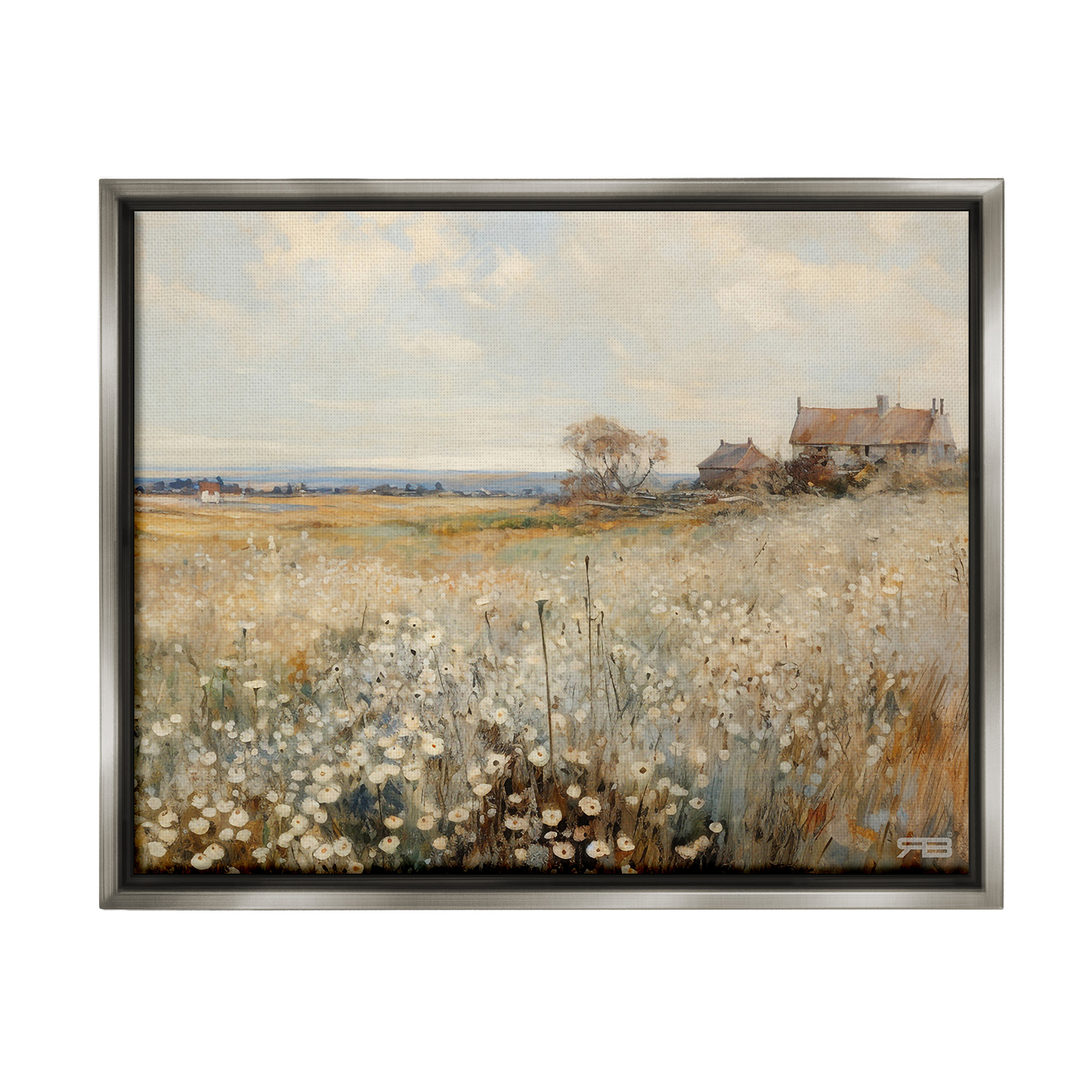 Stupell Industries Neutral Farmland Meadow Landscape Painting Gray Floater Framed Canvas Art Print Wall Art, 31 x 25