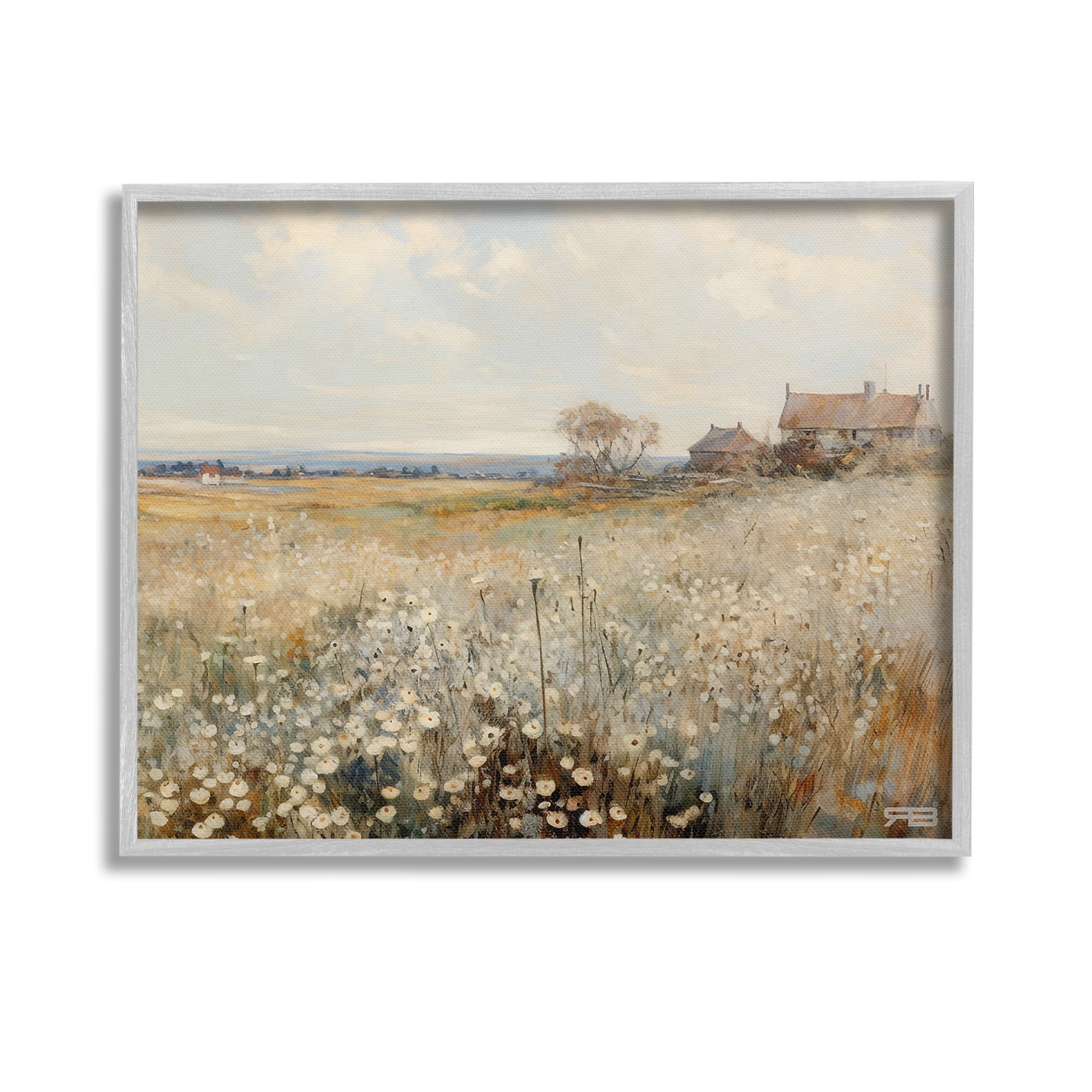 Stupell Industries Neutral Farmland Meadow Landscape Painting Gray Framed Art Print Wall Art, 14 x 11