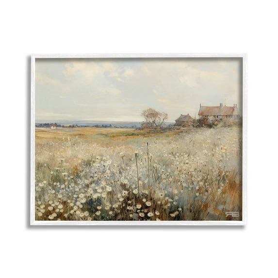 Stupell Industries Neutral Farmland Meadow Landscape Painting White Framed Art Print Wall Art, 20 x 16