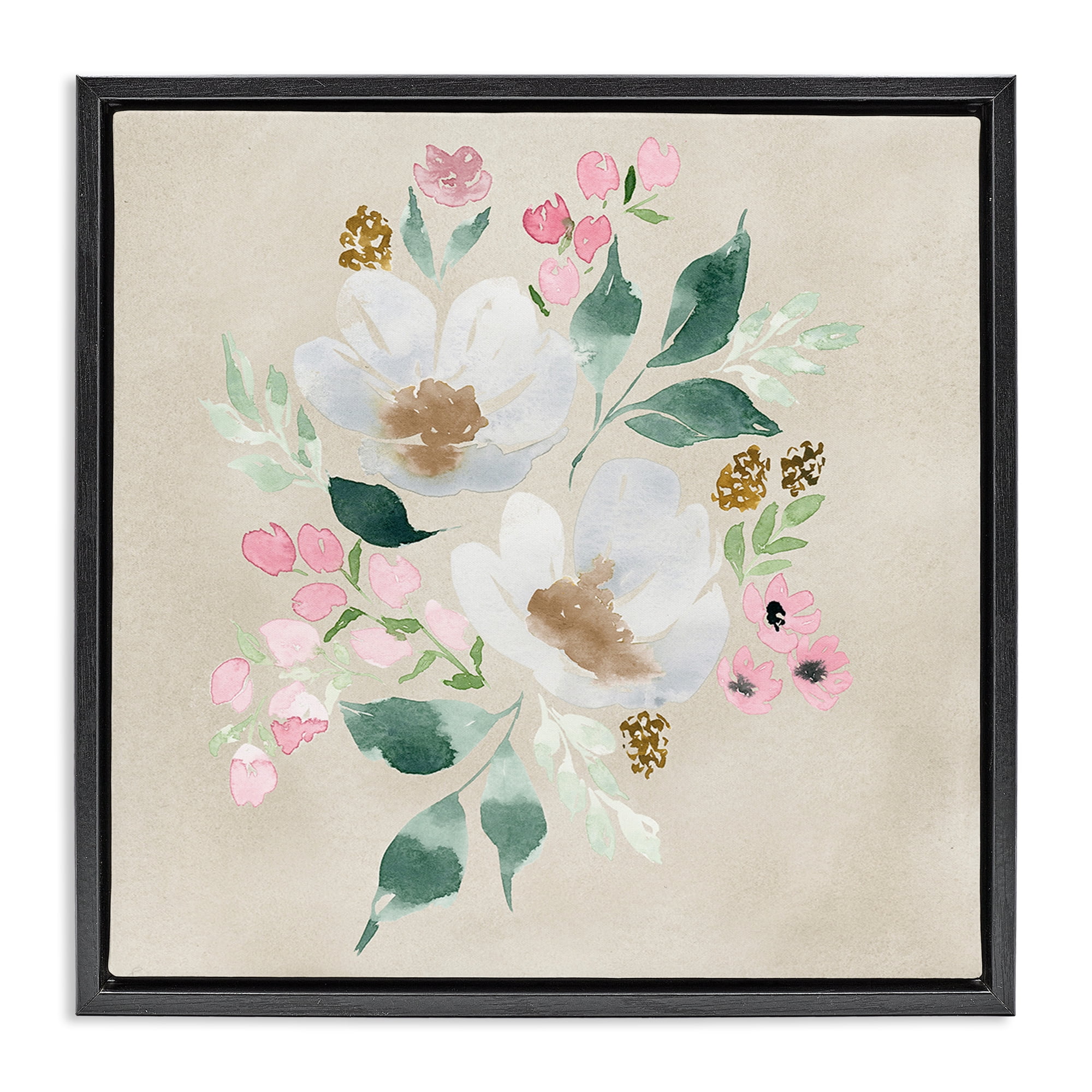 Neutral Floral Abstract Canvas Print with Black Frame, 25 x 25