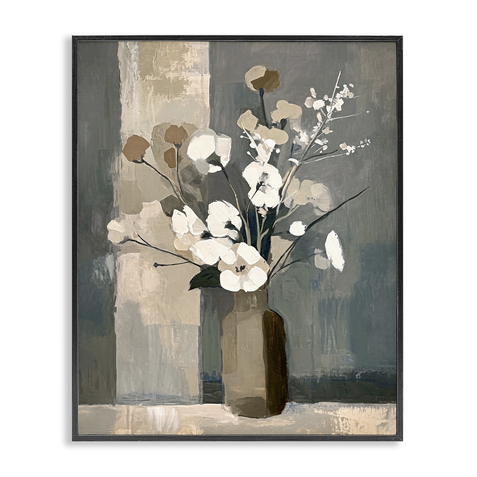 Stupell Industries Neutral Floral Vase Botanical & Floral Painting Black Framed Art Print Wall Art, 16 x 20