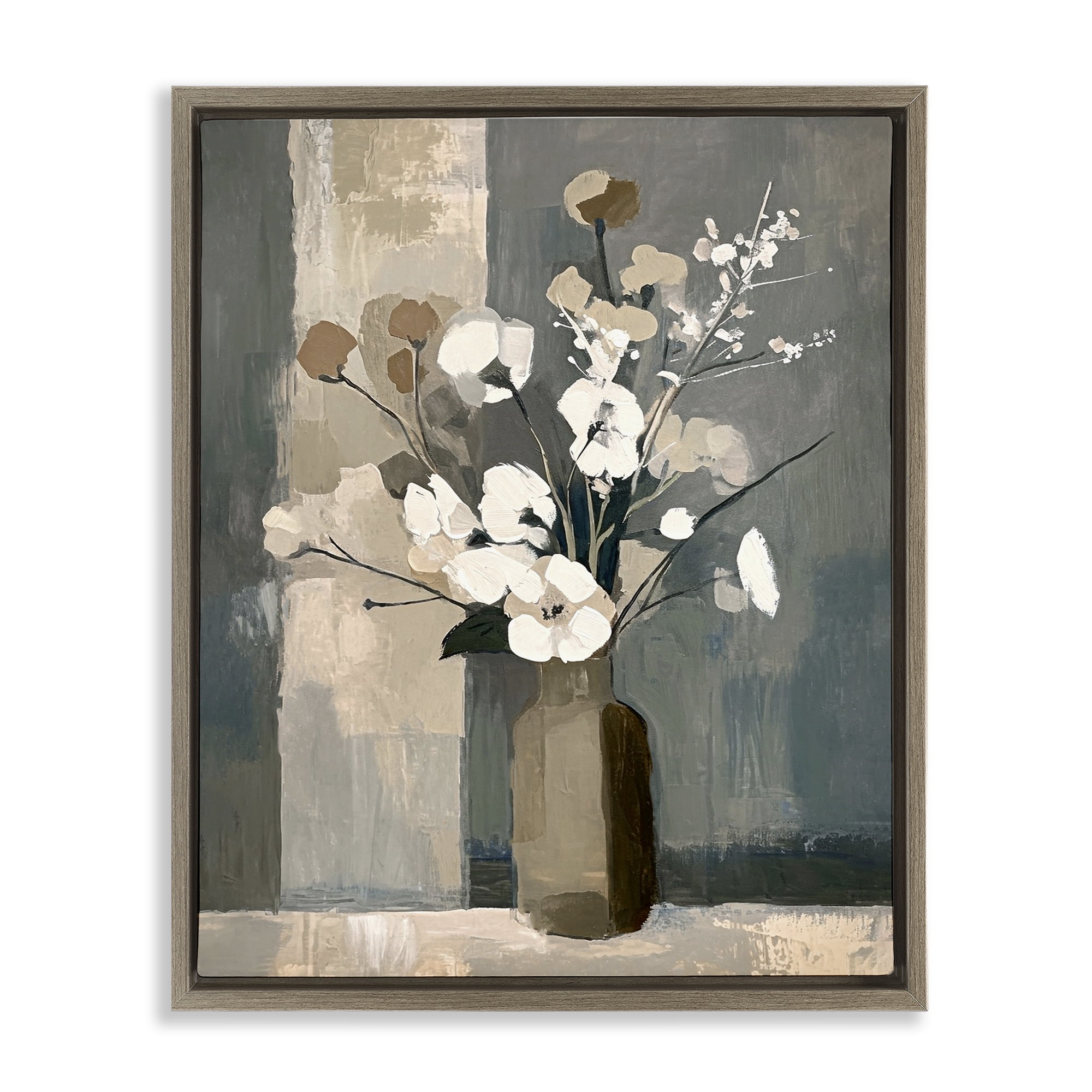 Stupell Industries Neutral Floral Vase Botanical & Floral Painting Brown Floater Framed Canvas Art Print Wall Art, 17 x 21
