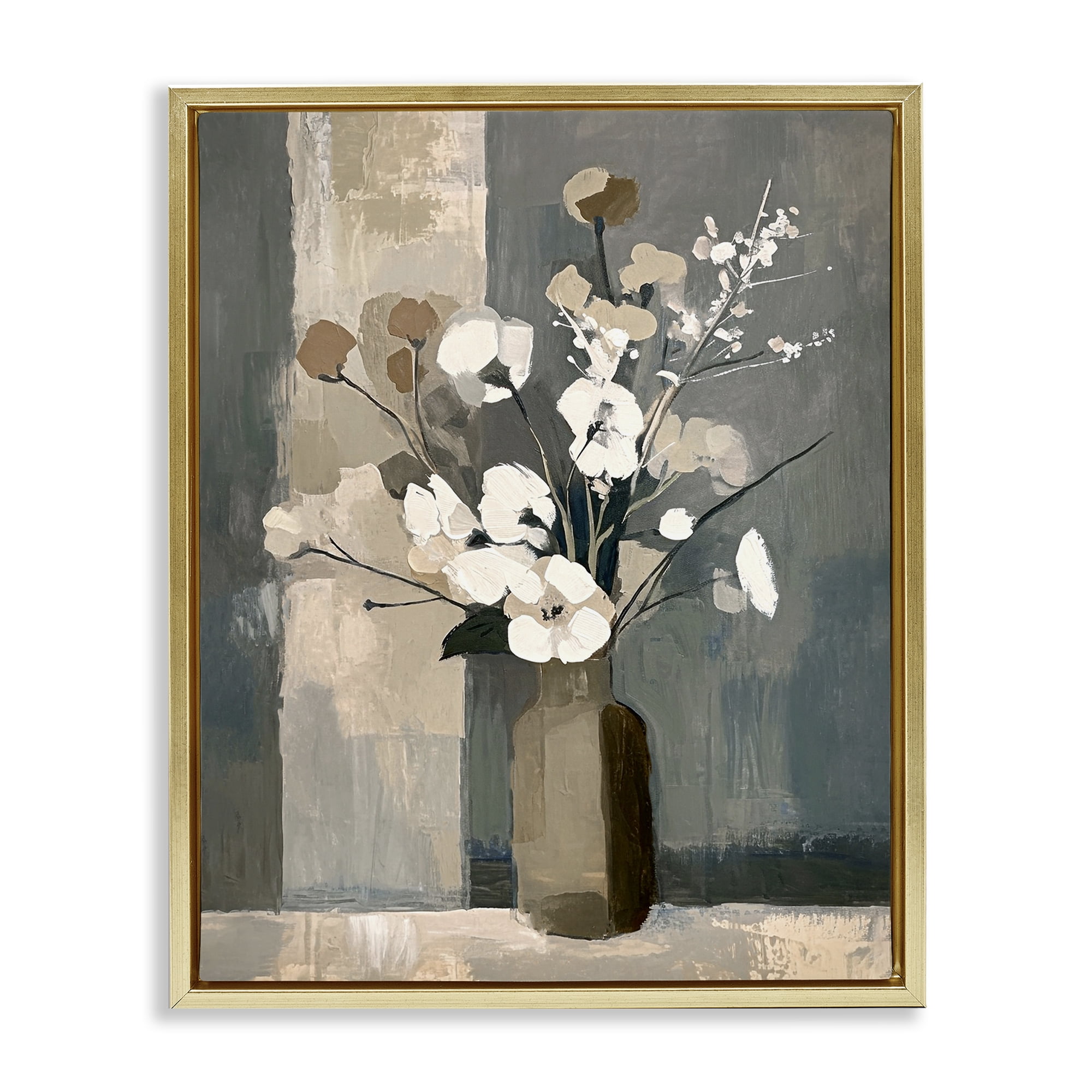Stupell Industries Neutral Floral Vase Botanical & Floral Painting Gold Floater Framed Canvas Art Print Wall Art, 17 x 21