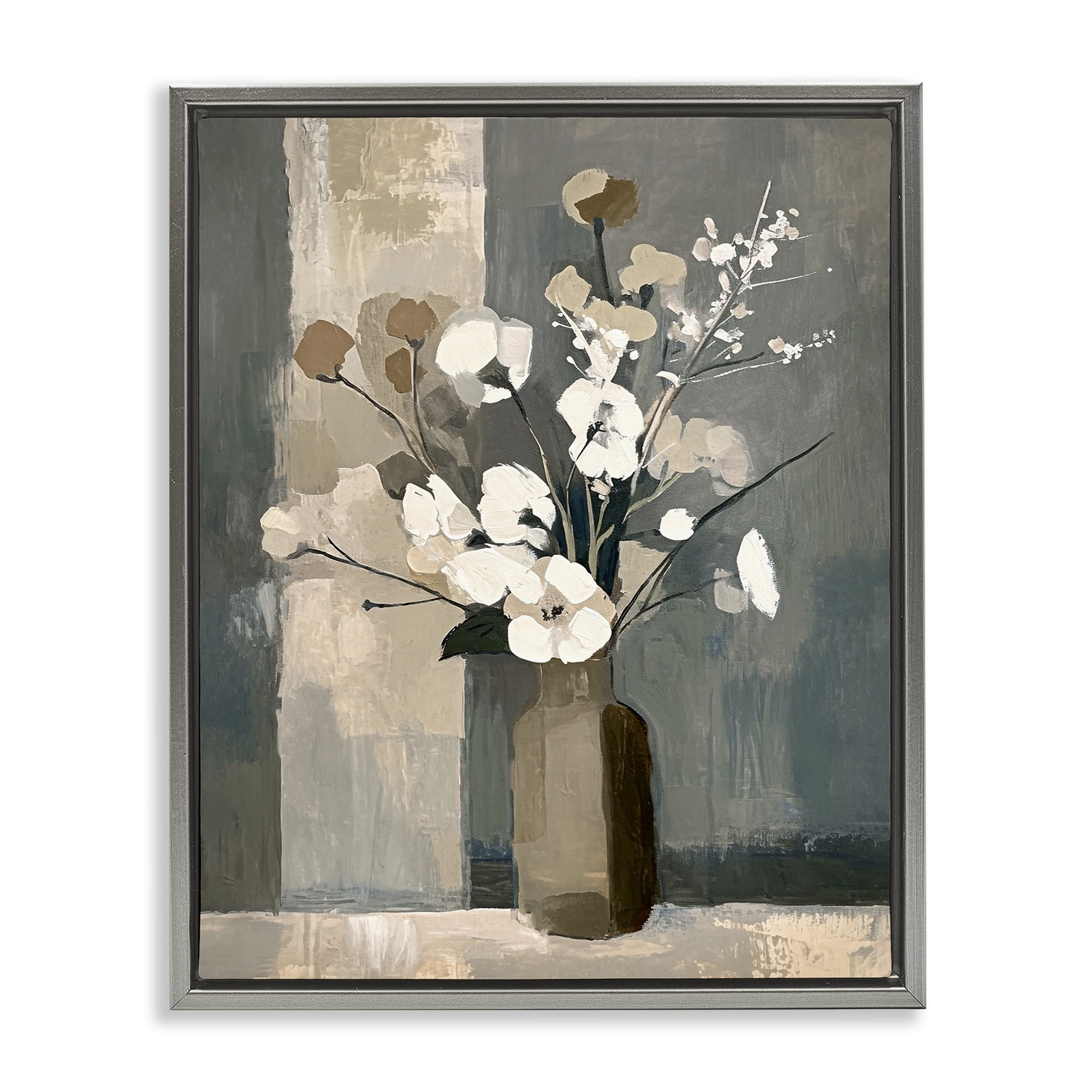 Stupell Industries Neutral Floral Vase Botanical & Floral Painting Gray Floater Framed Canvas Art Print Wall Art, 17 x 21