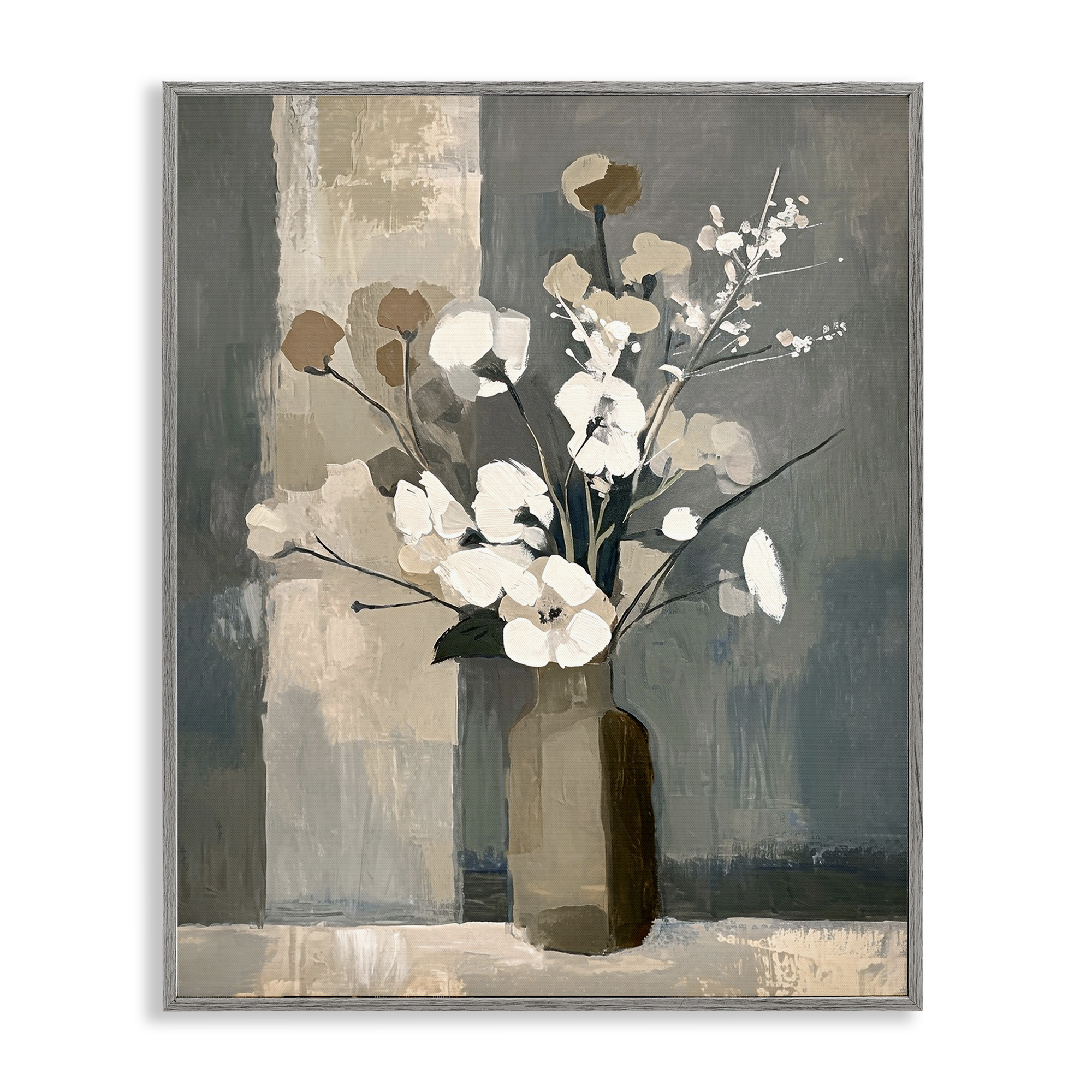 Stupell Industries Neutral Floral Vase Botanical & Floral Painting Gray Framed Art Print Wall Art, 11 x 14