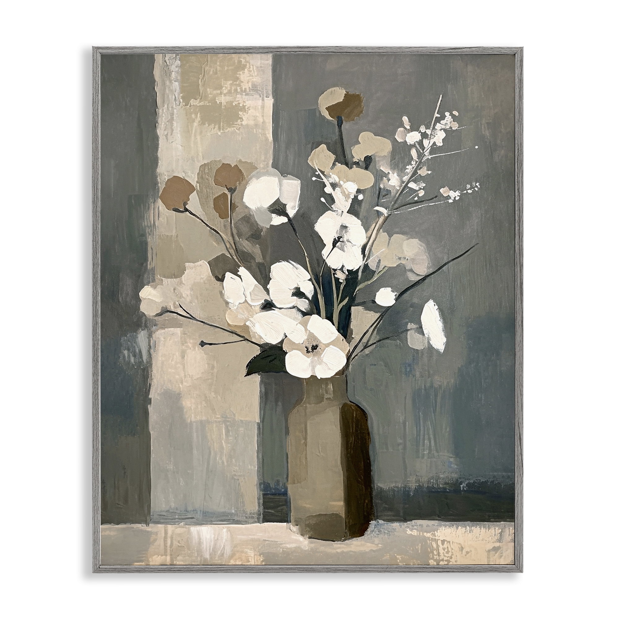 Stupell Industries Neutral Floral Vase Botanical & Floral Painting Gray Framed Art Print Wall Art, 16 x 20