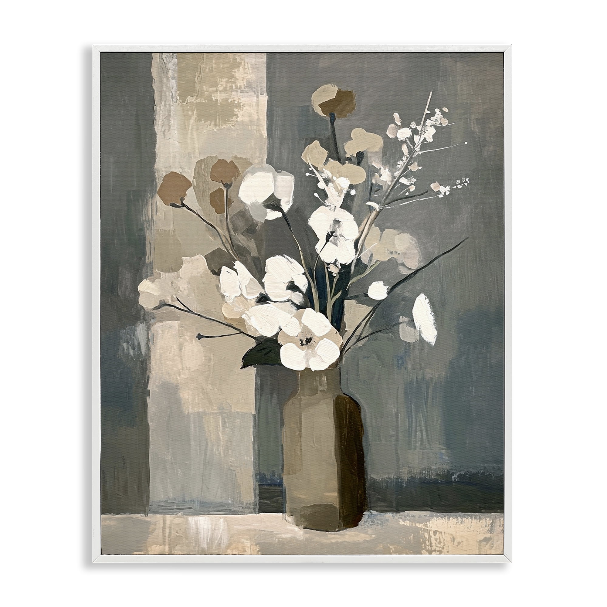 Stupell Industries Neutral Floral Vase Botanical & Floral Painting White Framed Art Print Wall Art, 24 x 30