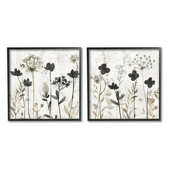 Stupell Industries Neutral Flower Hues Rustic Boho Botanical & Floral Painting Black Framed Art Print Wall Art, Set of 2