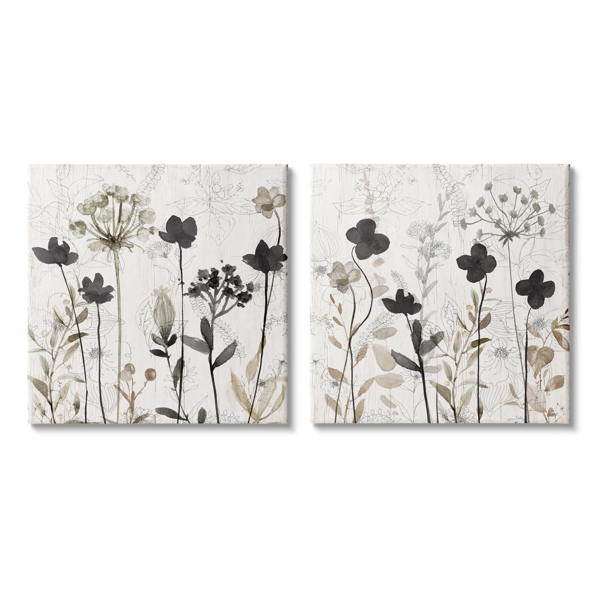 Neutral Flower Hues Rustic Boho Botanical Canvas Art Set