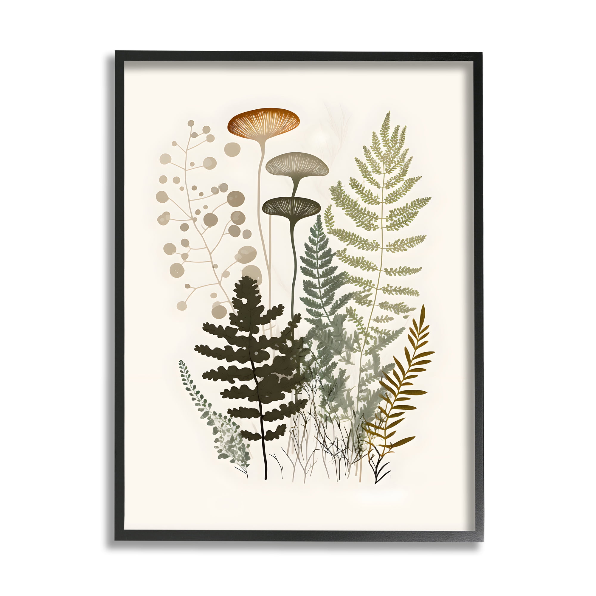 Neutral Forest Ferns Botanical Canvas Print with Black Frame