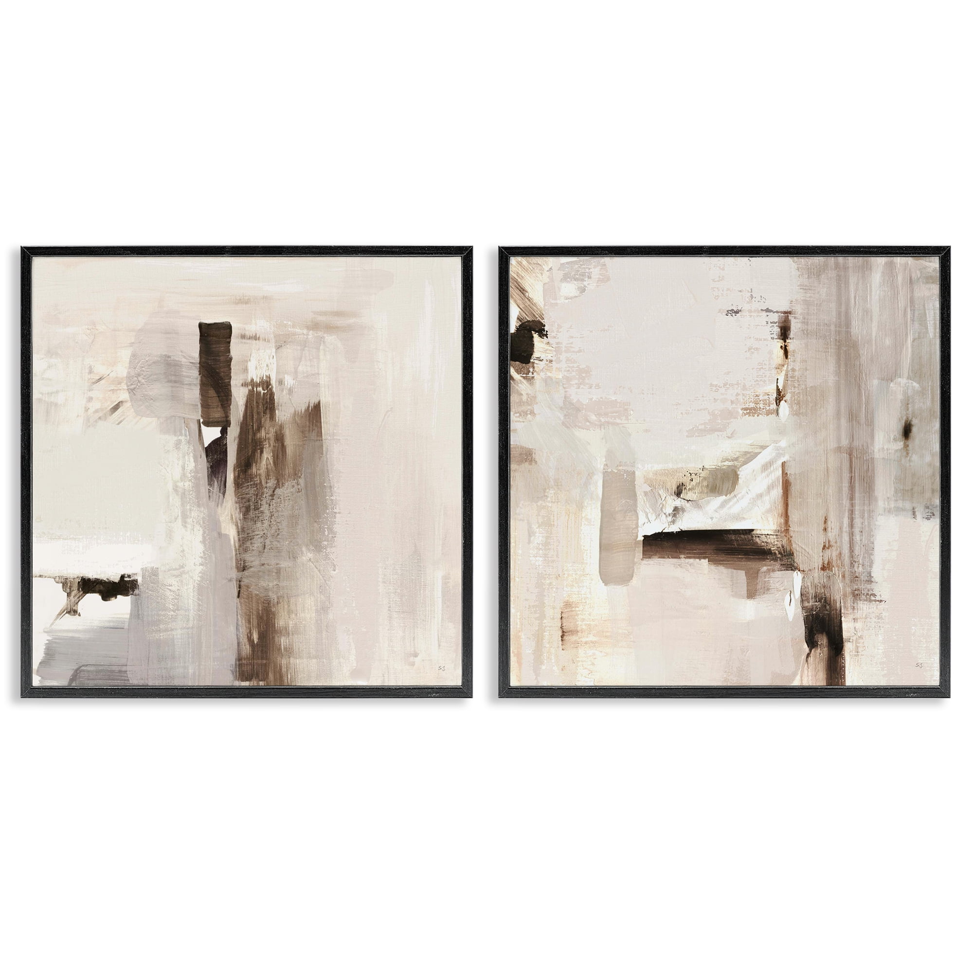 Stupell Industries Neutral Forms on Beige Abstract Painting Black Framed Art Print Wall Art, 24 x 24, Set of 2
