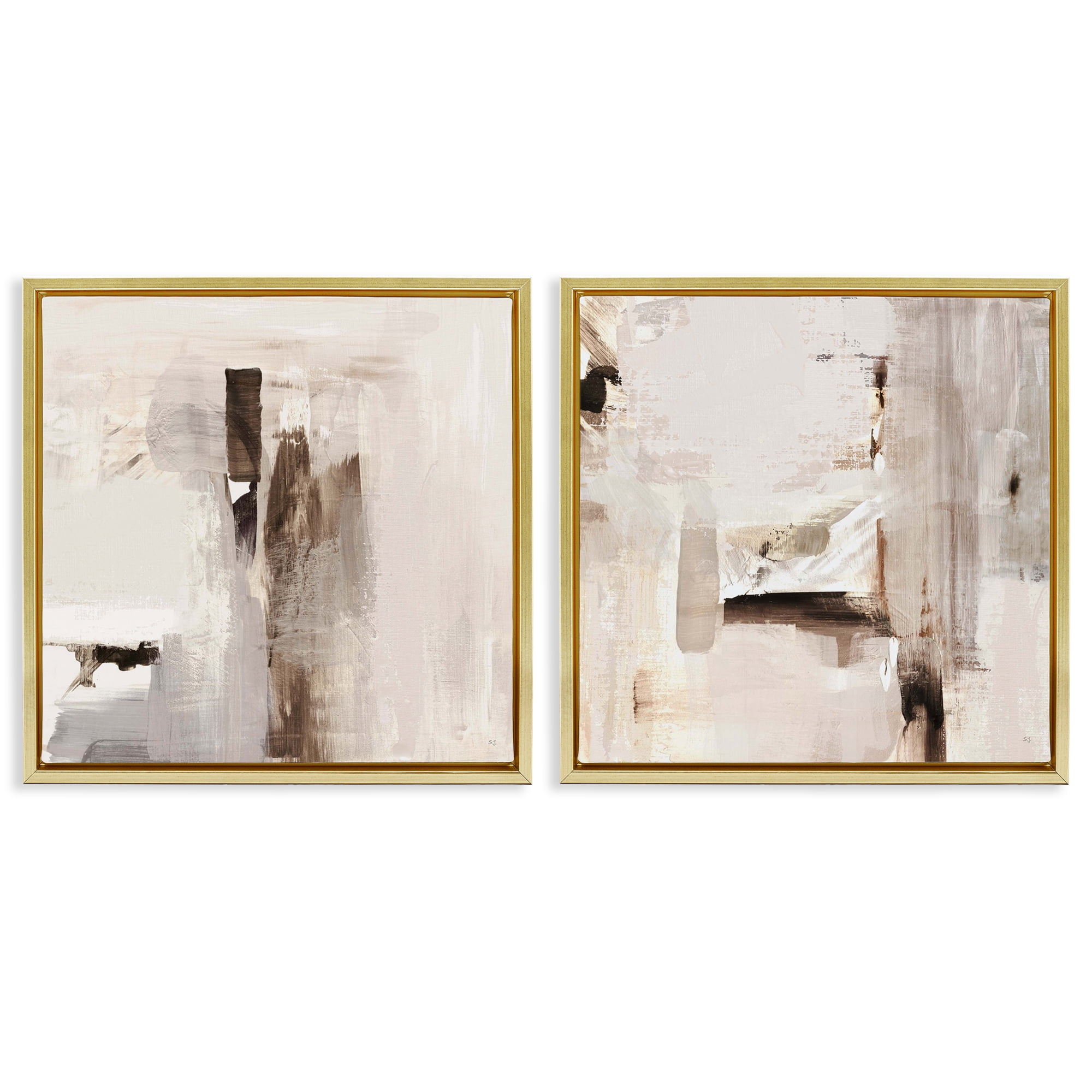 Stupell Industries Neutral Forms on Beige Abstract Painting Gold Floater Framed Canvas Art Print Wall Art, 18 x 18, Set of 2