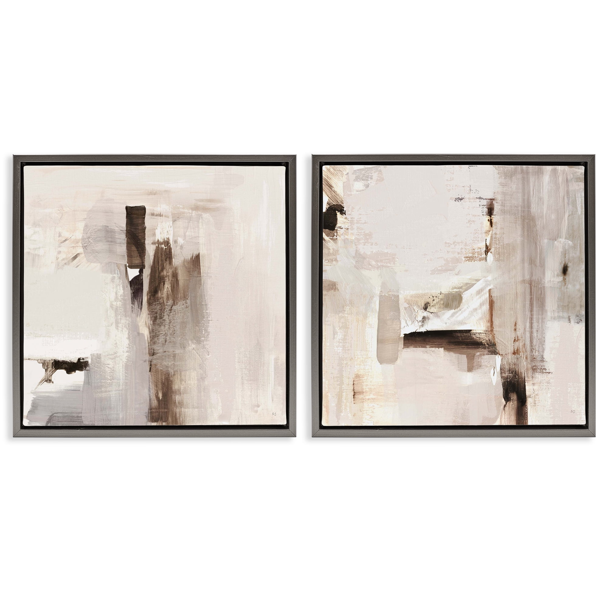Stupell Industries Neutral Forms on Beige Abstract Painting Gray Floater Framed Canvas Art Print Wall Art, 18 x 18, Set of 2