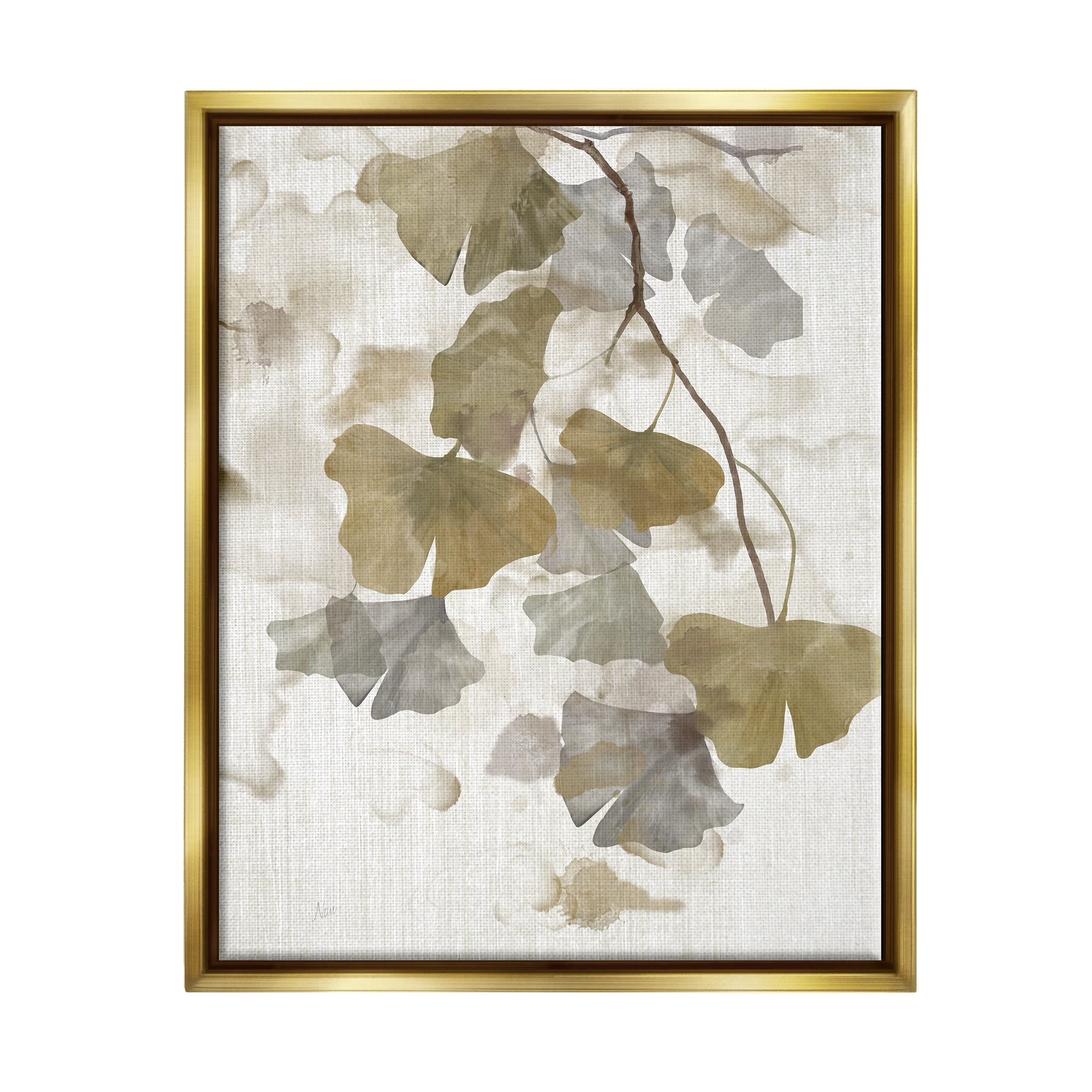 Stupell Industries Neutral Gingko Leaves Botanical & Floral Painting Gold Floater Framed Canvas Art Print Wall Art, 25 x 31
