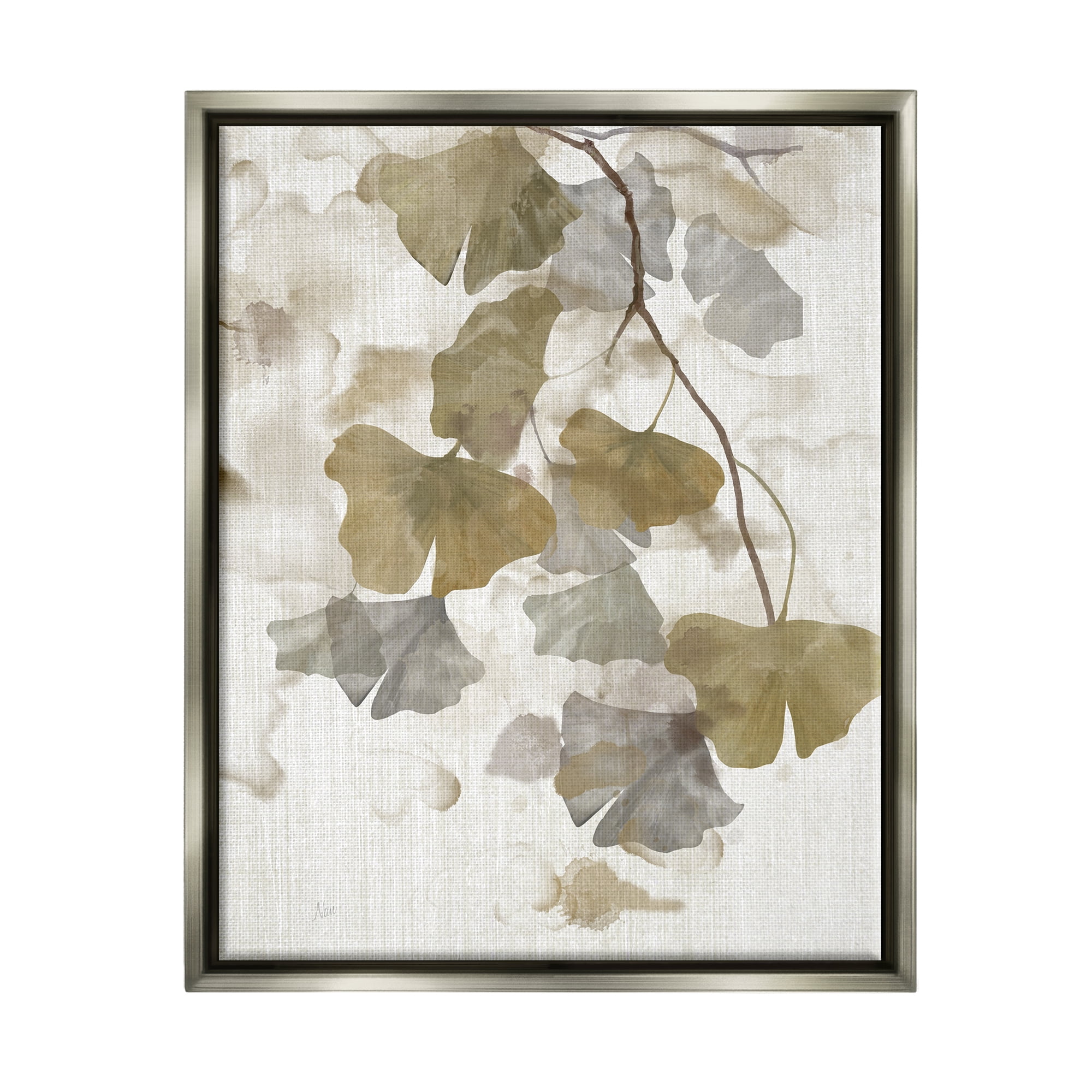 Stupell Industries Neutral Gingko Leaves Botanical & Floral Painting Gray Floater Framed Canvas Art Print Wall Art, 25 x 31