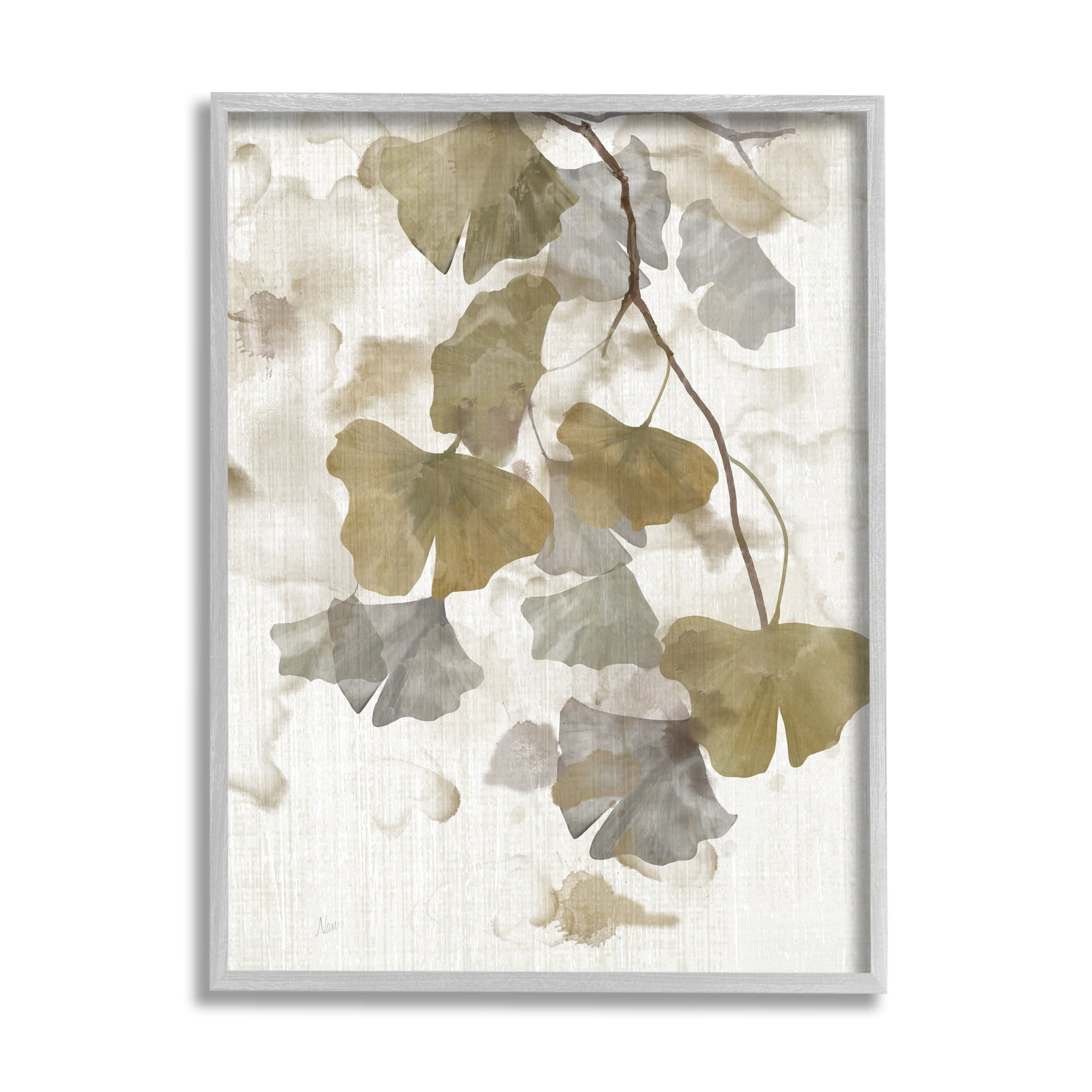 Stupell Industries Neutral Gingko Leaves Botanical & Floral Painting Gray Framed Art Print Wall Art, 11 x 14