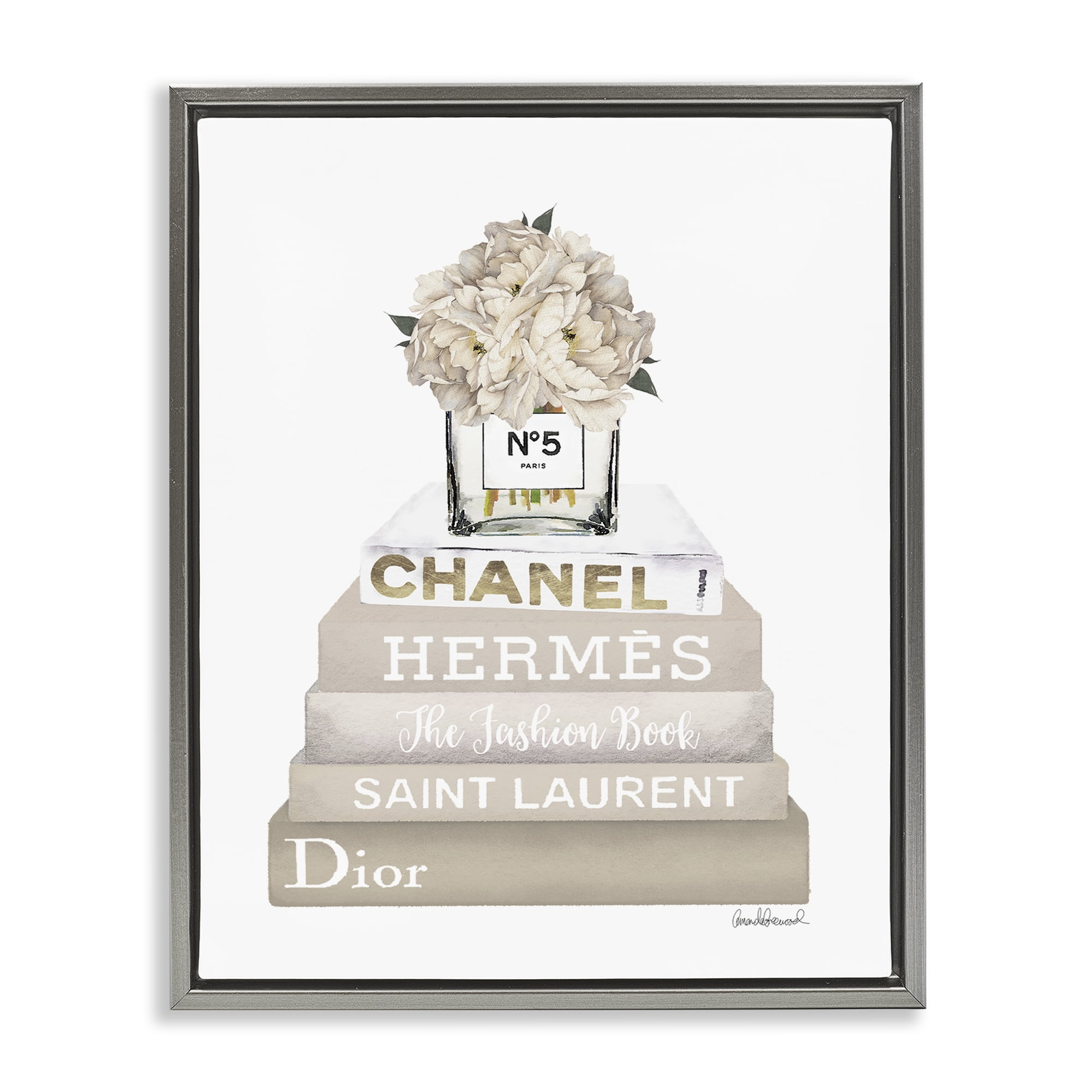 Stupell Industries Neutral Glam Bookstack Fashion Painting Gray Floater Framed Canvas Art Print Wall Art, 17 x 21