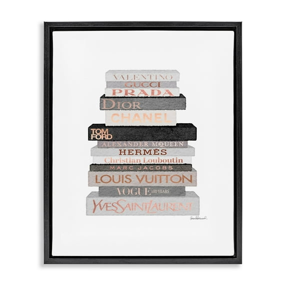 Stupell Industries Neutral Grey and Rose Gold Fashion Bookstack Jet Black Framed Floating Canvas Wall Art, 24x30, by Amanda Greenwood
