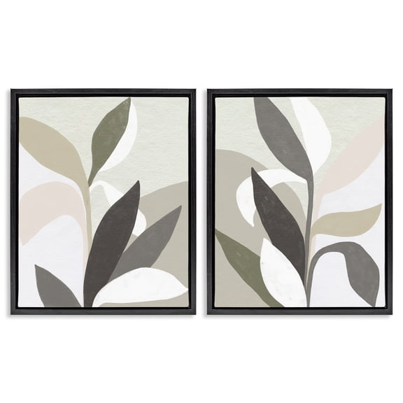 Stupell Industries Neutral Leaf Shapes Floral Painting Black Floater Framed Canvas Art Print Wall Art, 17 x 21, Set of 2