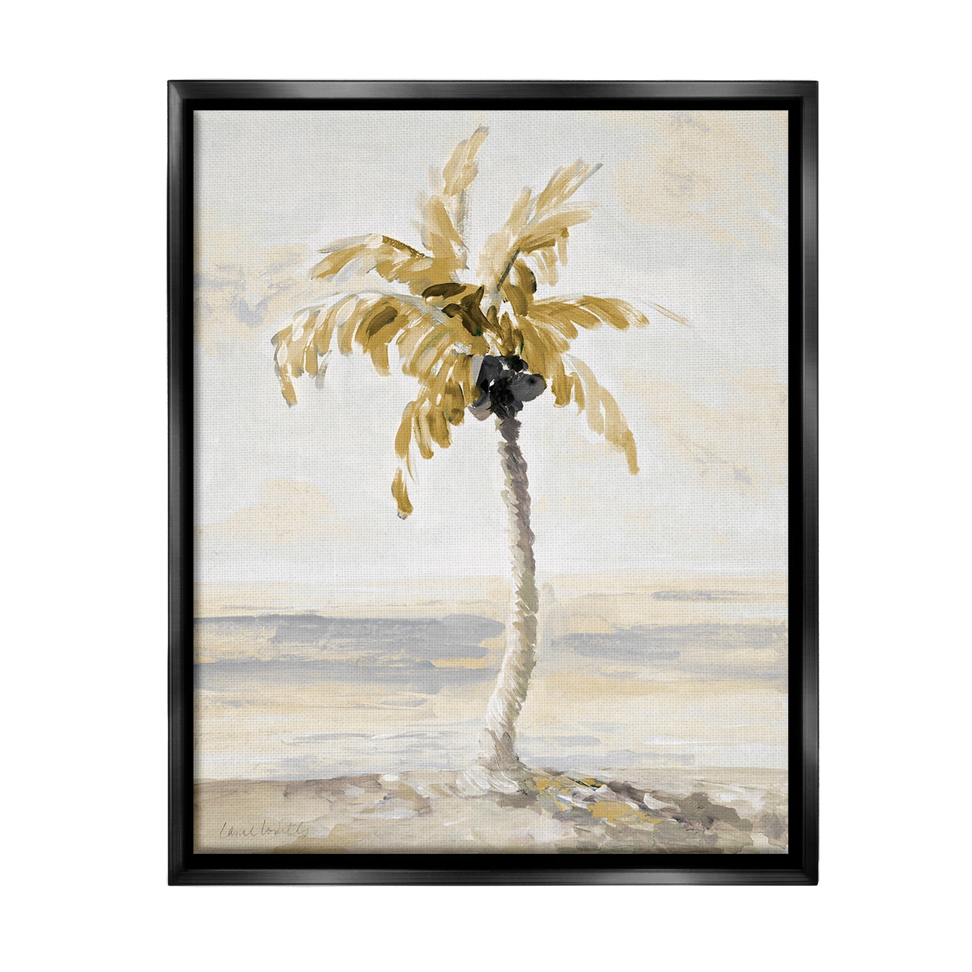 Stupell Industries Neutral Lone Palm Tree Landscape Painting Black Floater Framed Canvas Art Print Wall Art, 17 x 21
