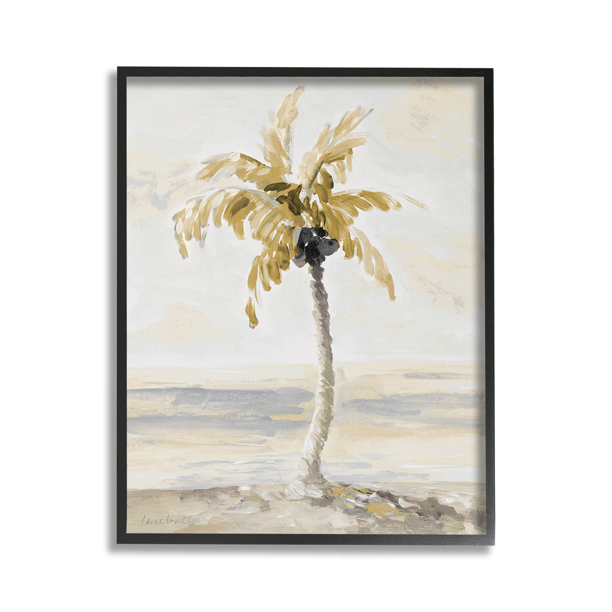Stupell Industries Neutral Lone Palm Tree Landscape Painting Black Framed Art Print Wall Art, 16 x 20