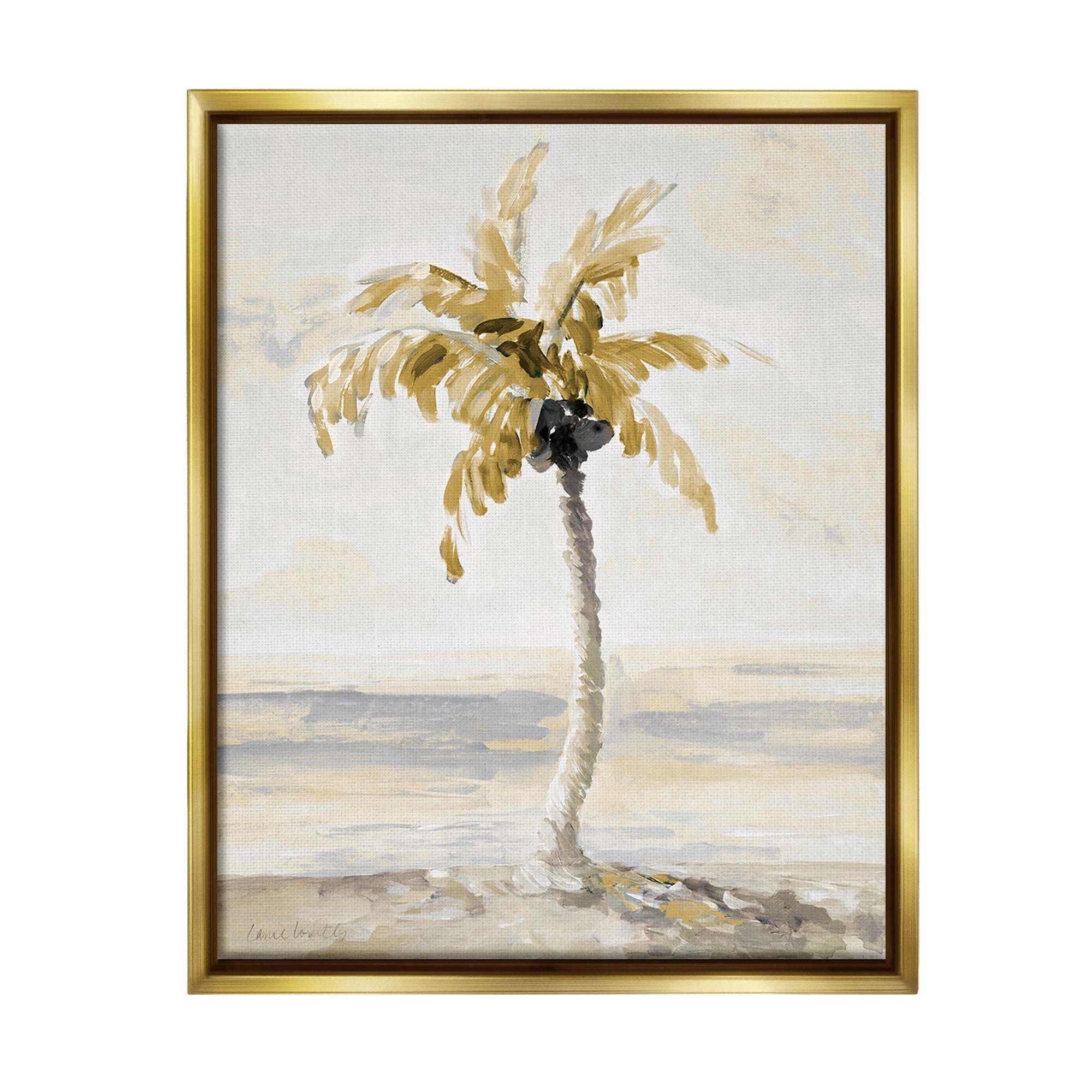 Stupell Industries Neutral Lone Palm Tree Landscape Painting Gold Floater Framed Canvas Art Print Wall Art, 25 x 31