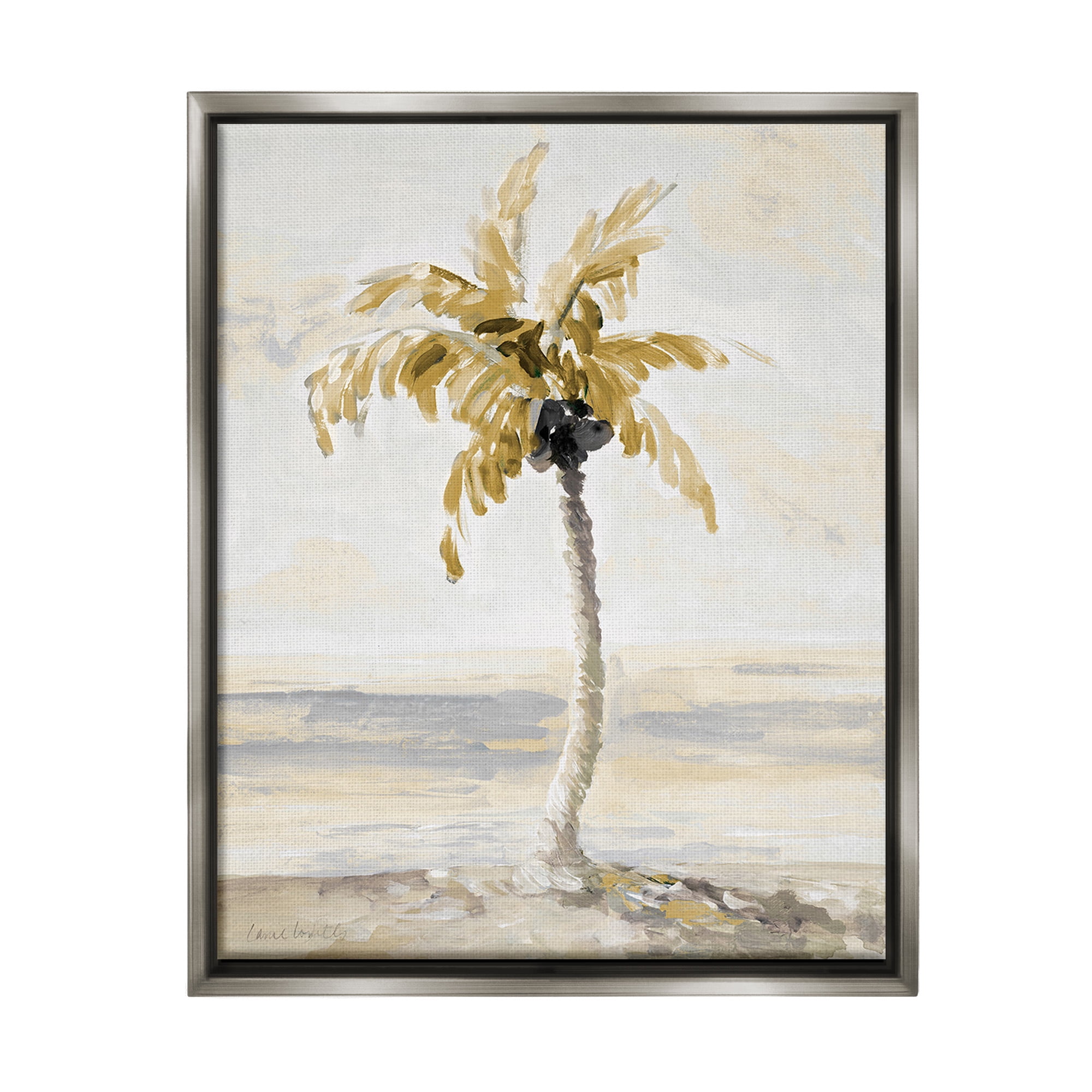 Stupell Industries Neutral Lone Palm Tree Landscape Painting Gray Floater Framed Canvas Art Print Wall Art, 25 x 31