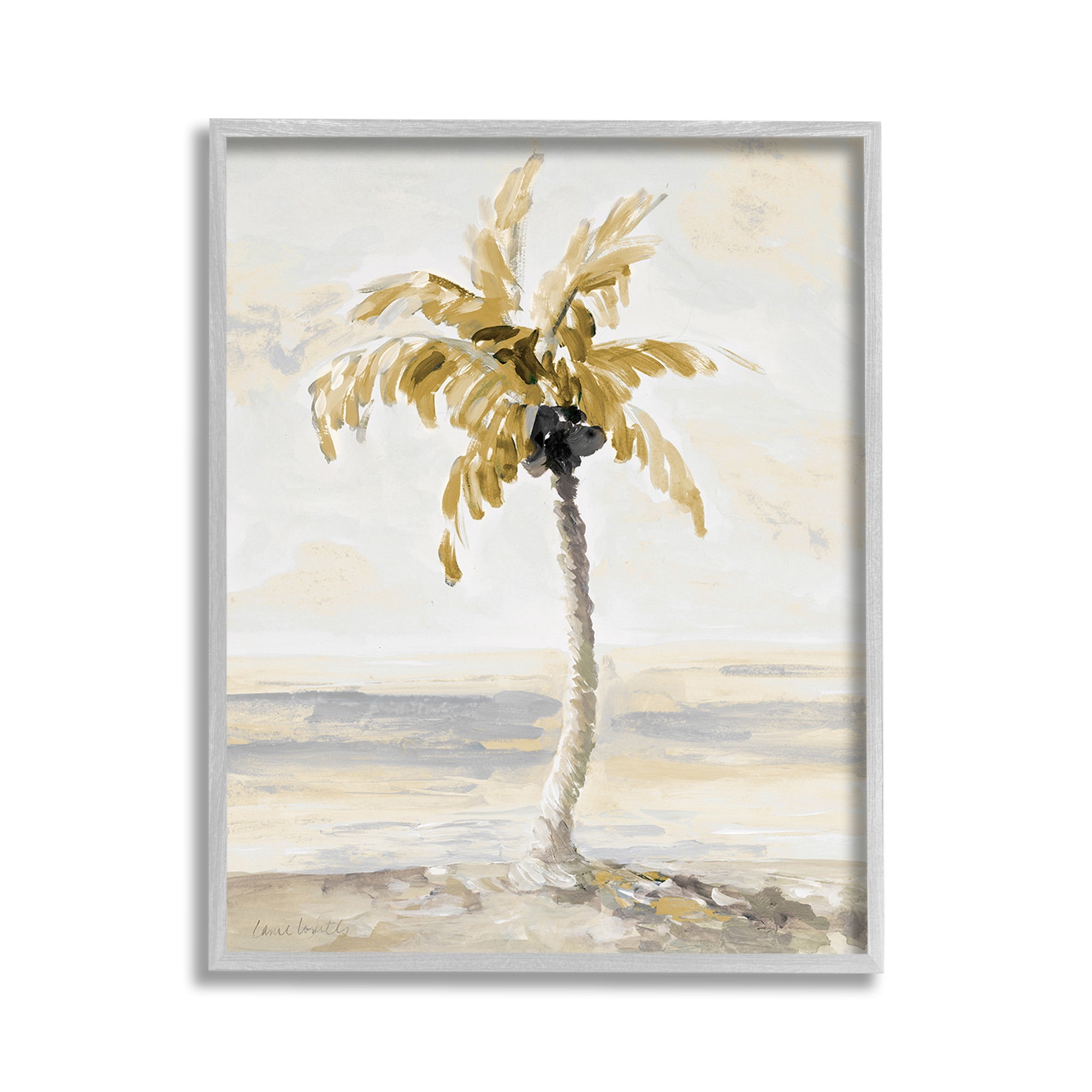 Stupell Industries Neutral Lone Palm Tree Landscape Painting Gray Framed Art Print Wall Art, 11 x 14