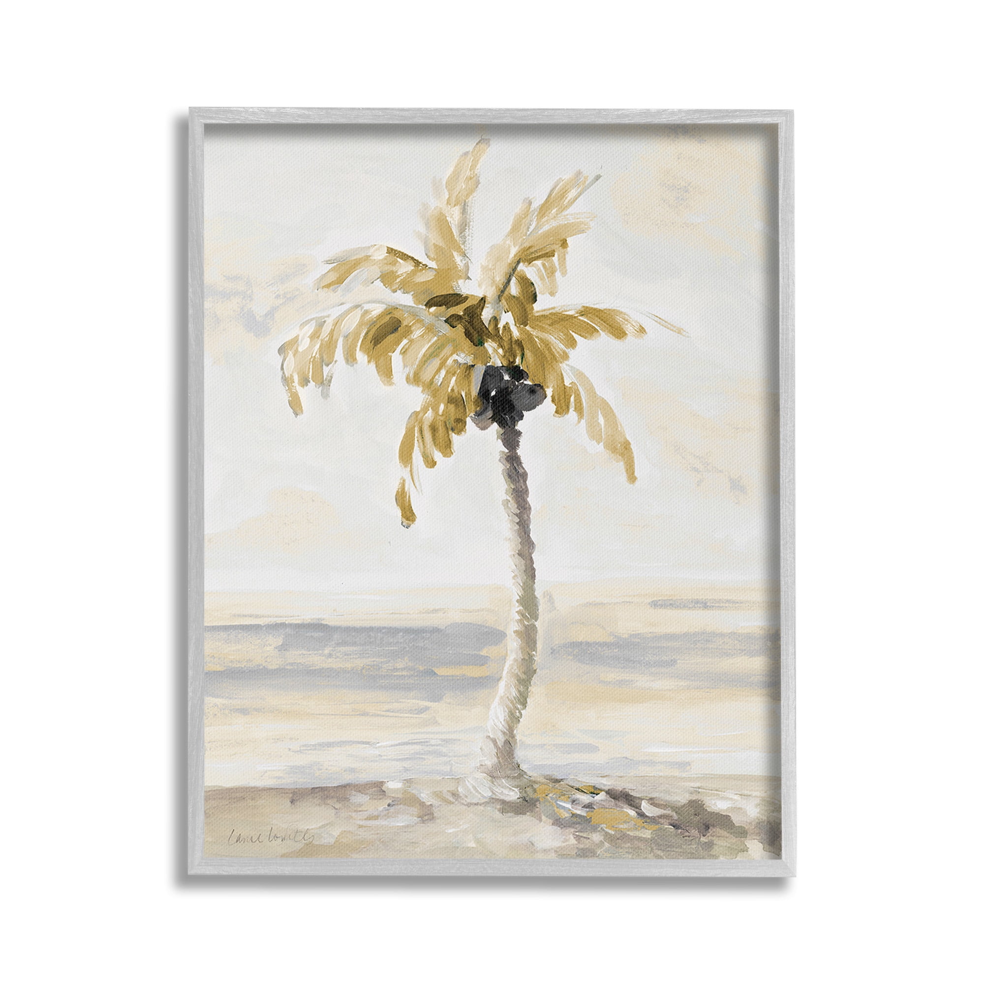Stupell Industries Neutral Lone Palm Tree Landscape Painting Gray Framed Art Print Wall Art, 24 x 30
