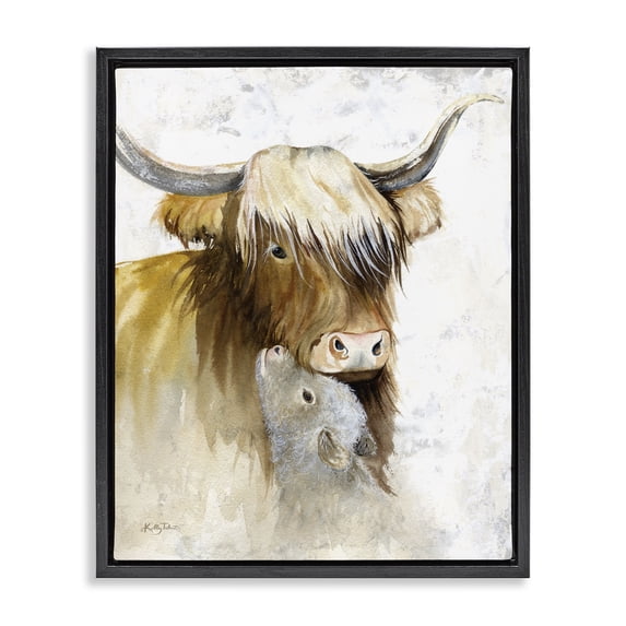 Stupell Industries Cottage Neutral Longhorn & Calf Black Floating Frame Canvas Art, 17 x 21, by Kelley Talent