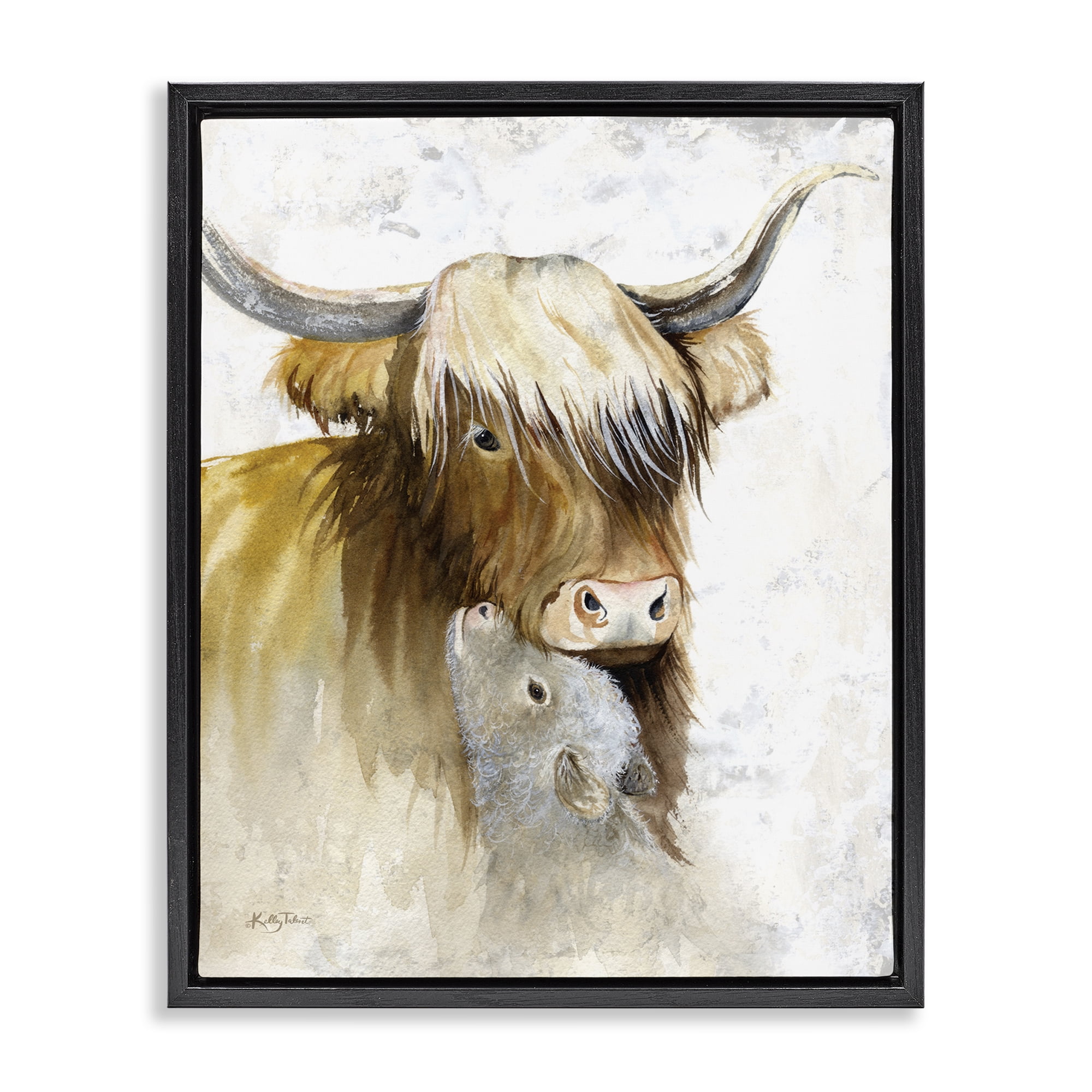 Stupell Industries Neutral Longhorn & Calf Animals & Insects Painting Black Floater Framed Canvas Art Print Wall Art, 25 x 31