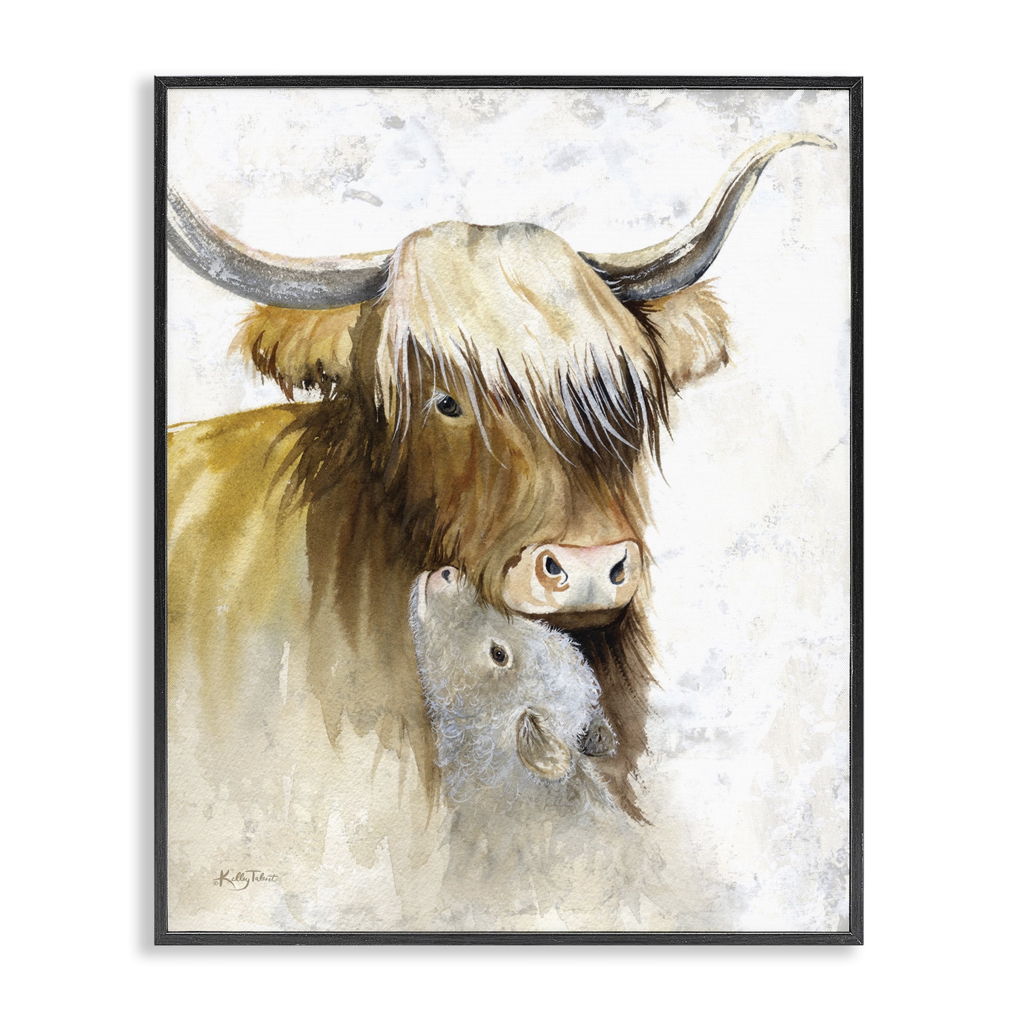 Stupell Industries Neutral Longhorn & Calf Animals & Insects Painting Black Framed Art Print Wall Art, 16 x 20