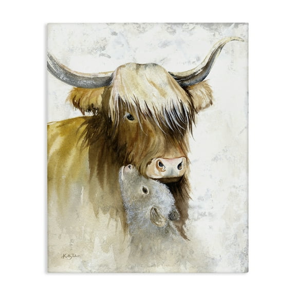 Stupell Industries Neutral Longhorn & Calf Animals & Insects Painting Gallery Wrapped Canvas Art Print Wall Art, 16 x 20