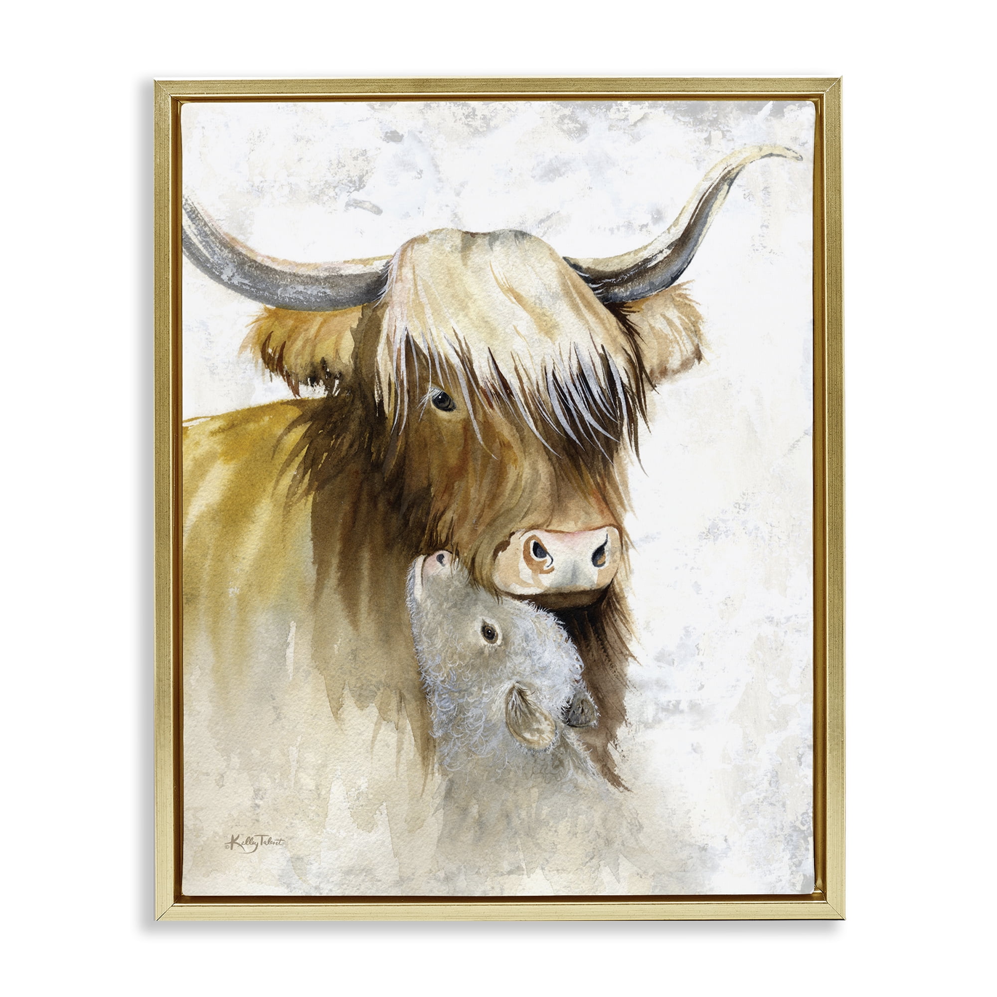 Stupell Industries Neutral Longhorn & Calf Animals & Insects Painting Gold Floater Framed Canvas Art Print Wall Art, 25 x 31