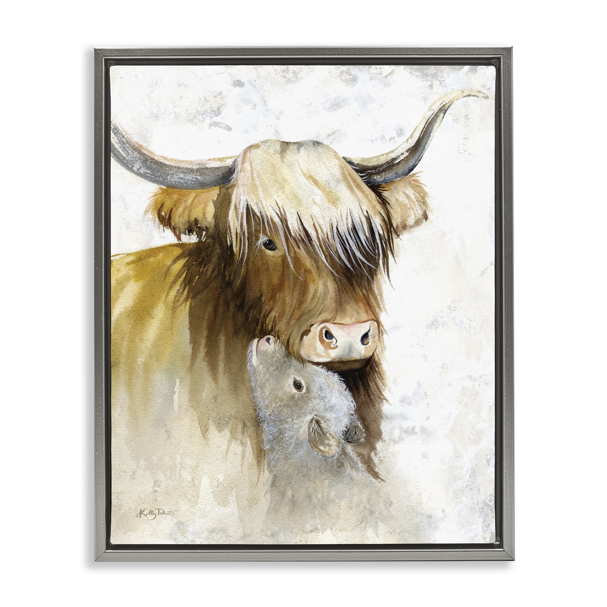 Stupell Industries Neutral Longhorn & Calf Animals & Insects Painting Gray Floater Framed Canvas Art Print Wall Art, 17 x 21