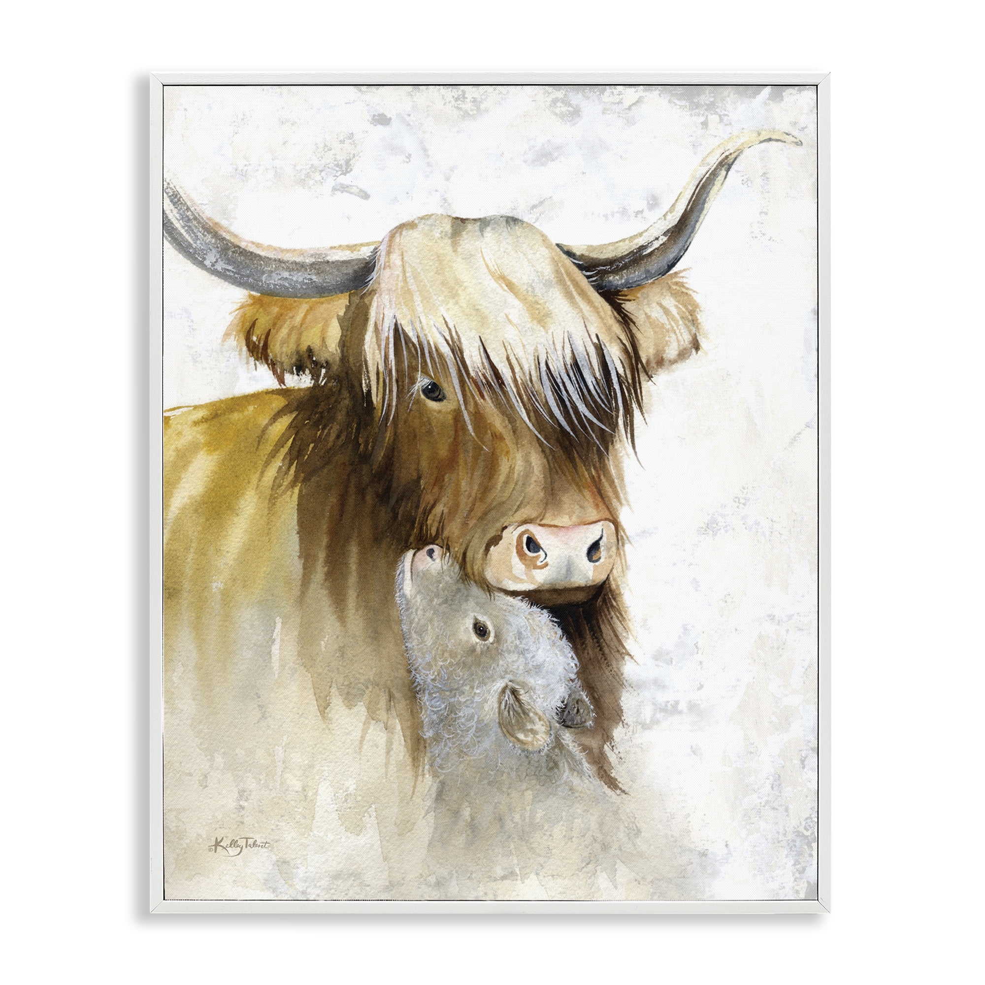 Stupell Industries Neutral Longhorn & Calf Animals & Insects Painting White Framed Art Print Wall Art, 16 x 20