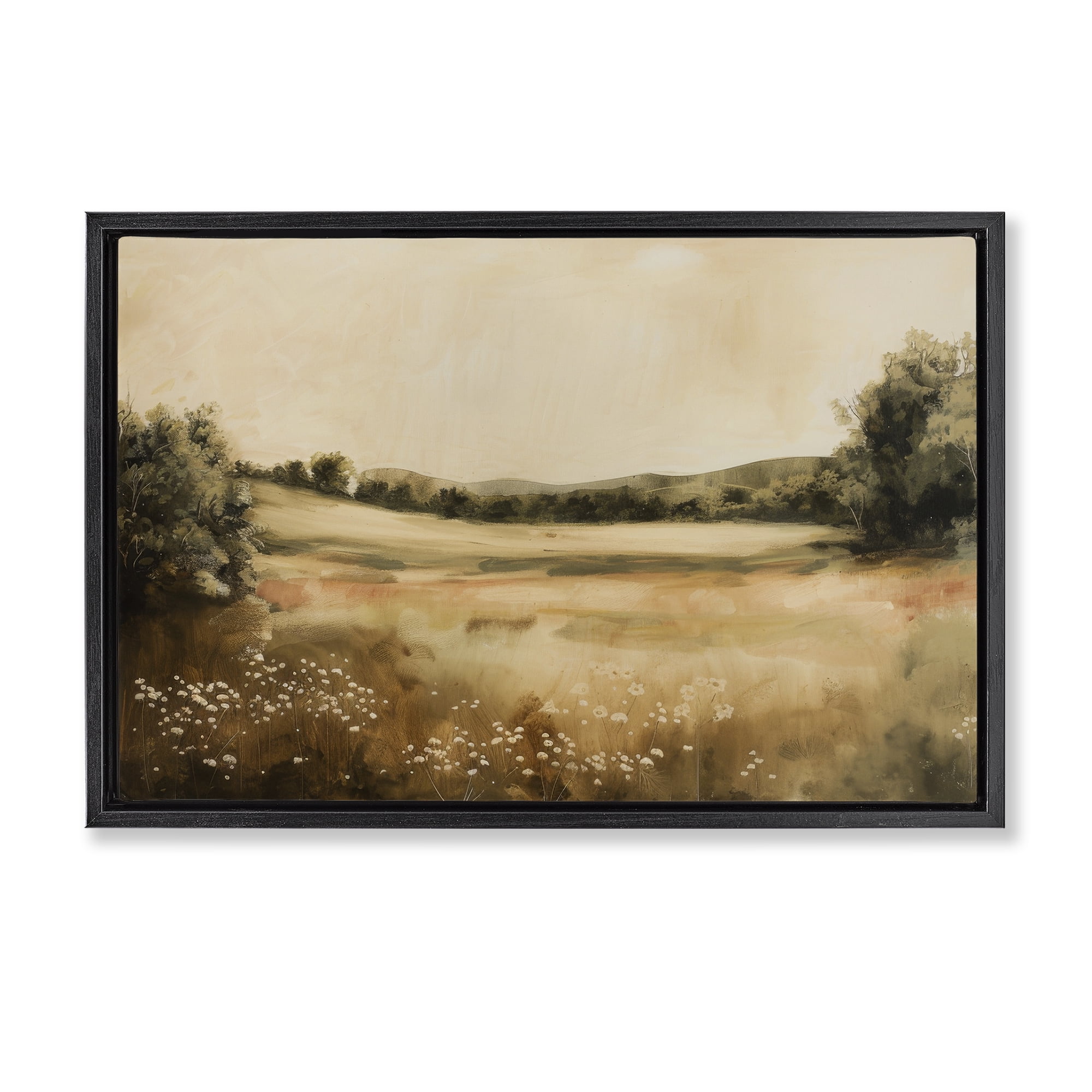 Stupell Industries Neutral Meadow Landscape Landscape & Nature Painting Black Floater Framed Canvas Art Print Wall Art, 31 x 21