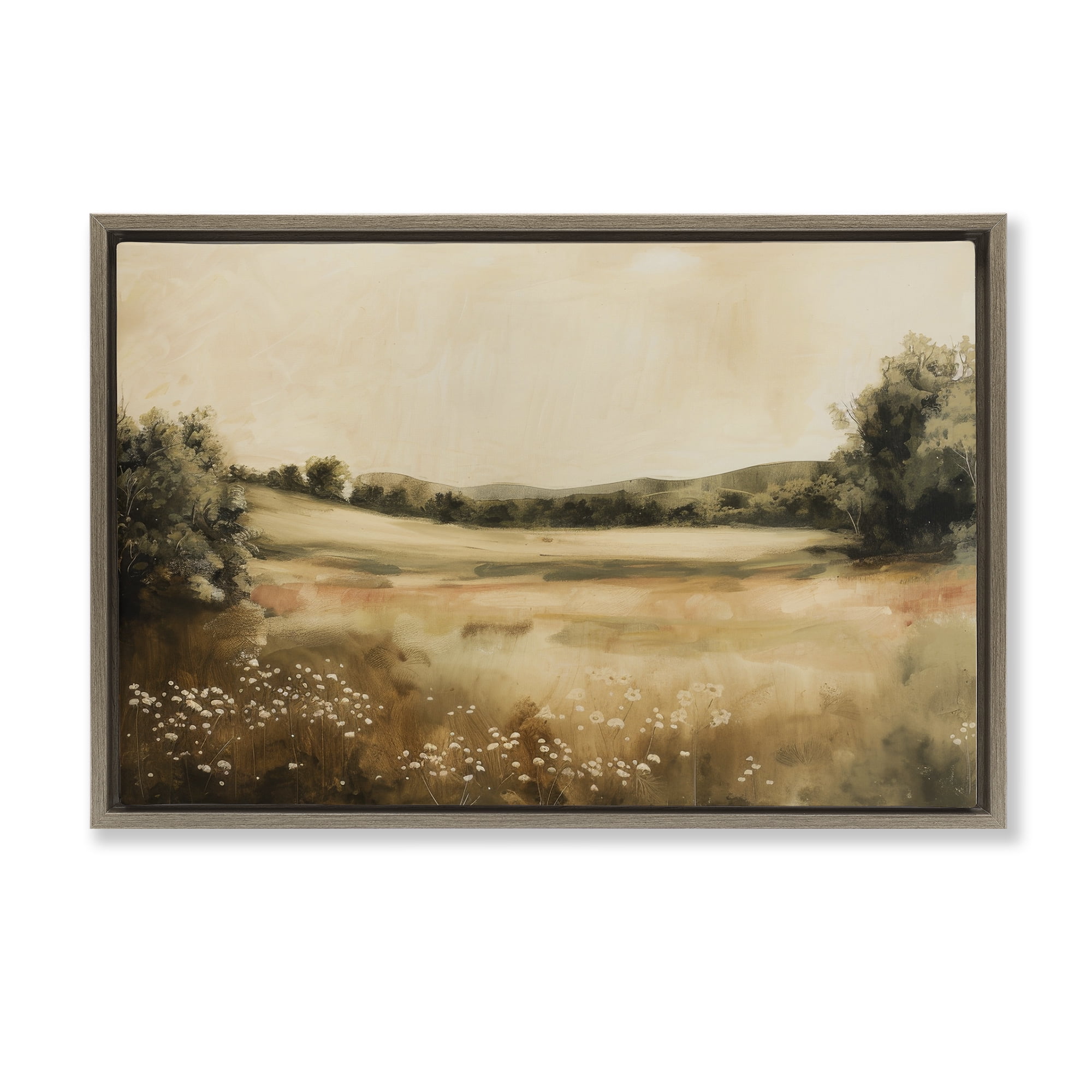 Stupell Industries Neutral Meadow Landscape Landscape & Nature Painting Brown Floater Framed Canvas Art Print Wall Art, 31 x 21